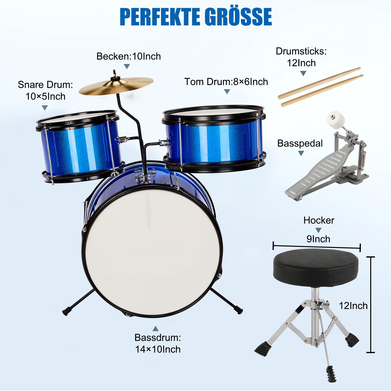 LEADZM Schlagzeug Set 14'' für Kinder ab 3 Jahren mit Hocker, Bassdrum-Pedal und 2 Drumsticks, Becken, Tom und Snare Drum (Dunkelblau)