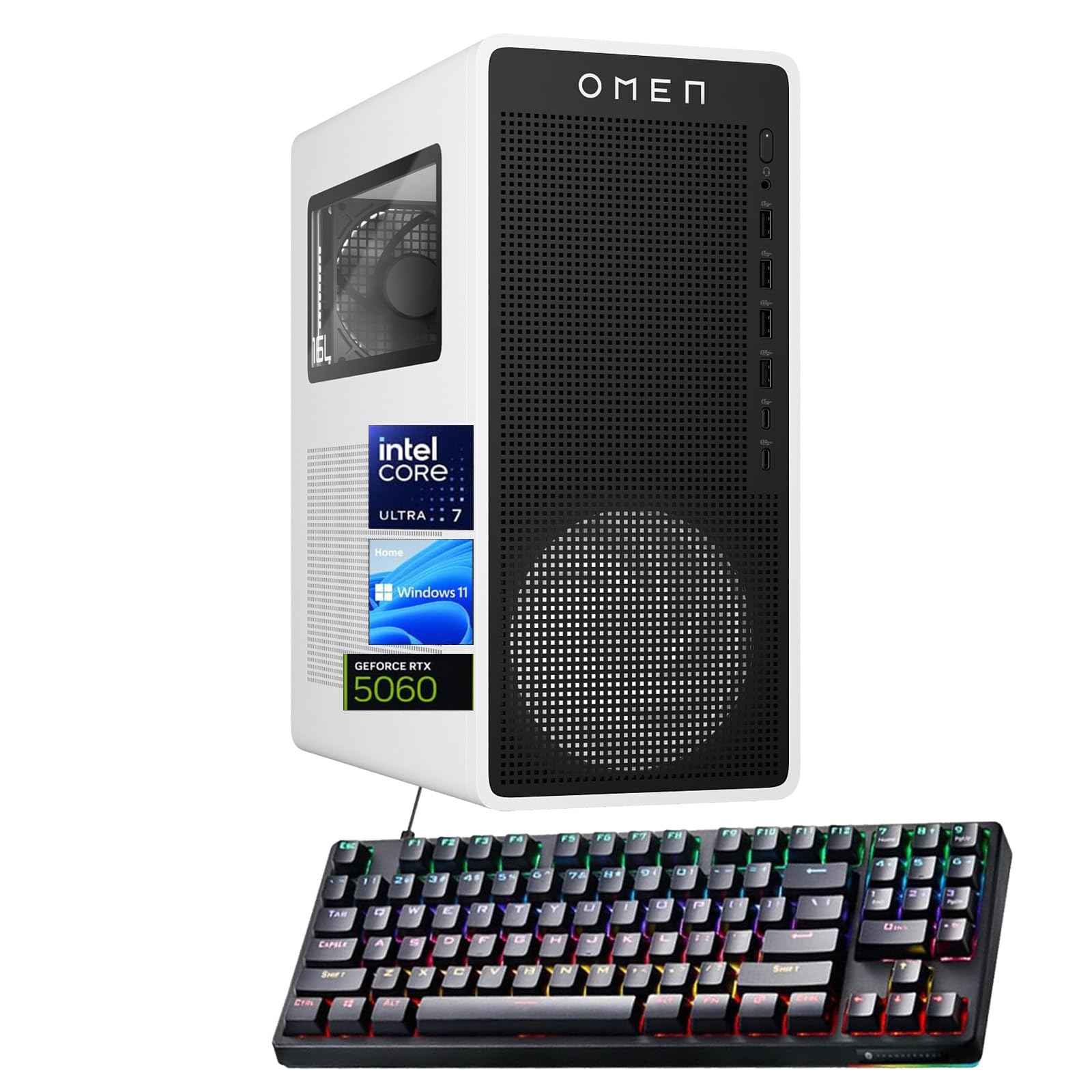 HP Omen 16L TG03 Gaming Desktop PC, Intel Ultra 7 265F, RTX 5060 GPU, 32GB DDR5 RAM, 1TB NVMe SSD, OMEN Hub, Thunderobot Gaming Keyboard Bundle, Black
