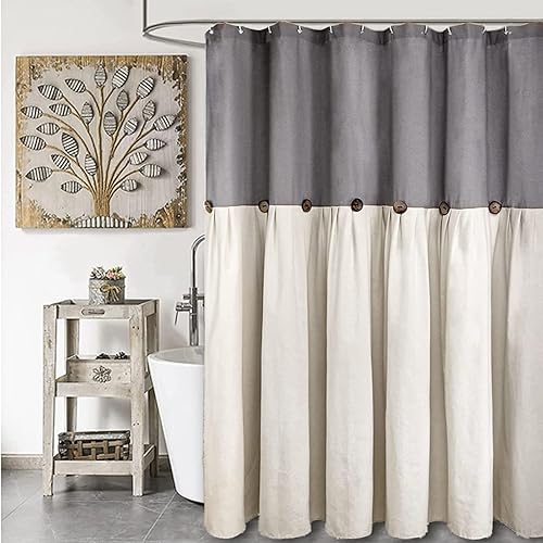 Cortina de ducha de granja para baño, lino gris y blanco y tela tejida de algodón con botones, estilo rústico, 72 x 72 pulgadas
