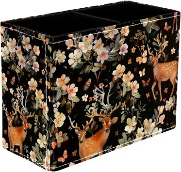Pen Holder, PU Leather Pencil Holder for Desk Floral Deers Makeup Organizer Multifunctional Office Supplies for Home School
