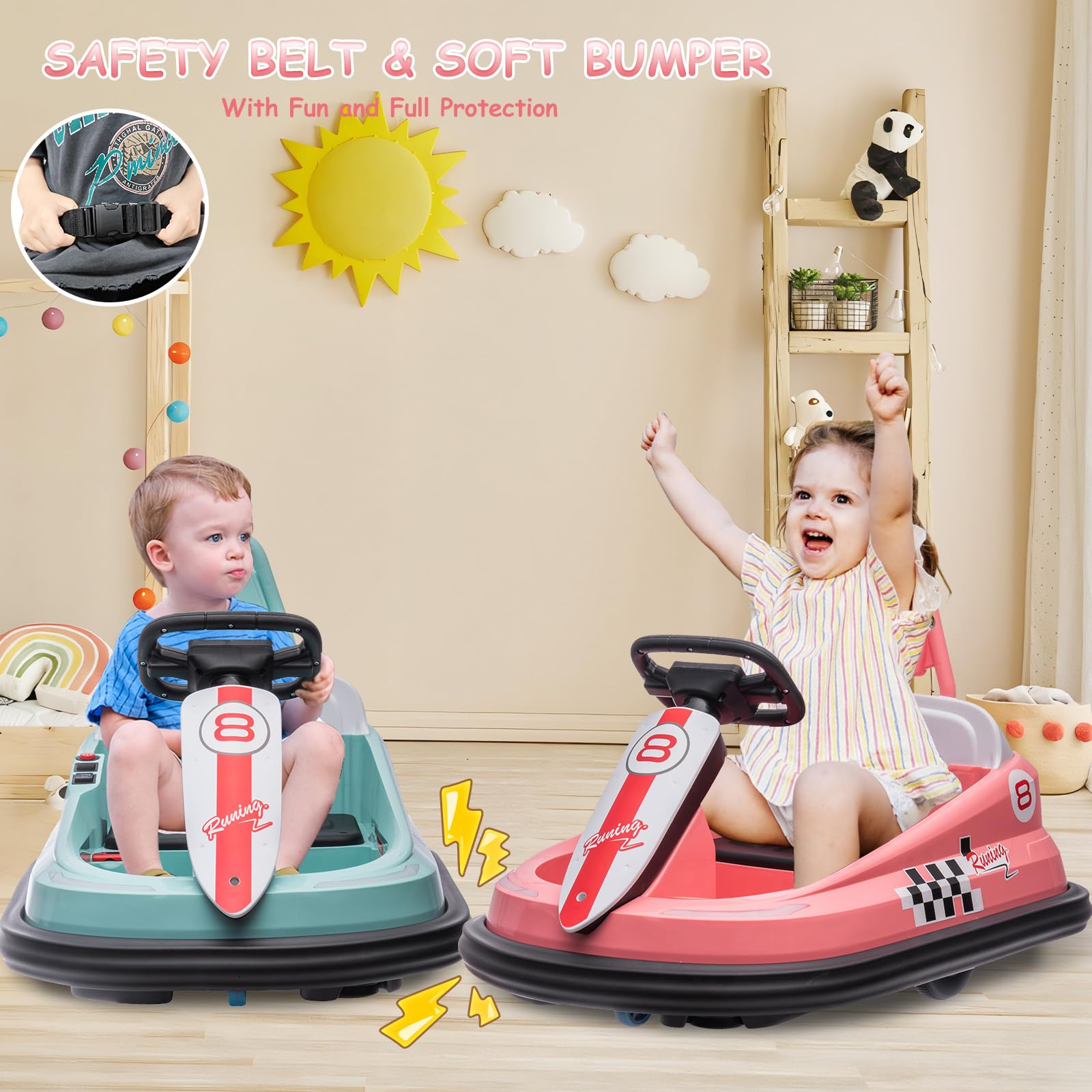 Hipicute Kids Bumper Car, 6V Ride on Toys Electric Vehicle w/Steering Wheel, 360 Degree Spin, 2 Speeds, Safety Belt, LED Lights & Music & Horn, Bumper Car for Kids Toddlers, Pink