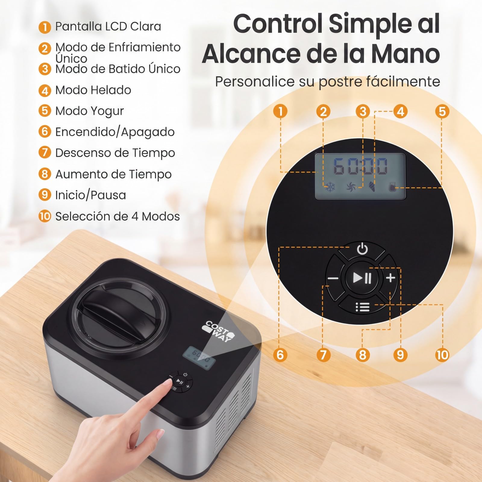 COSTWAY Máquina de Helados 1,5 L, Heladera de Acero Inoxidable Casera con Compresor Integrado, 4 Modos, Pantalla LCD, Función Temporizador, Máquina para Hacer Helado Gelato Sorbete Yogur para Hogar