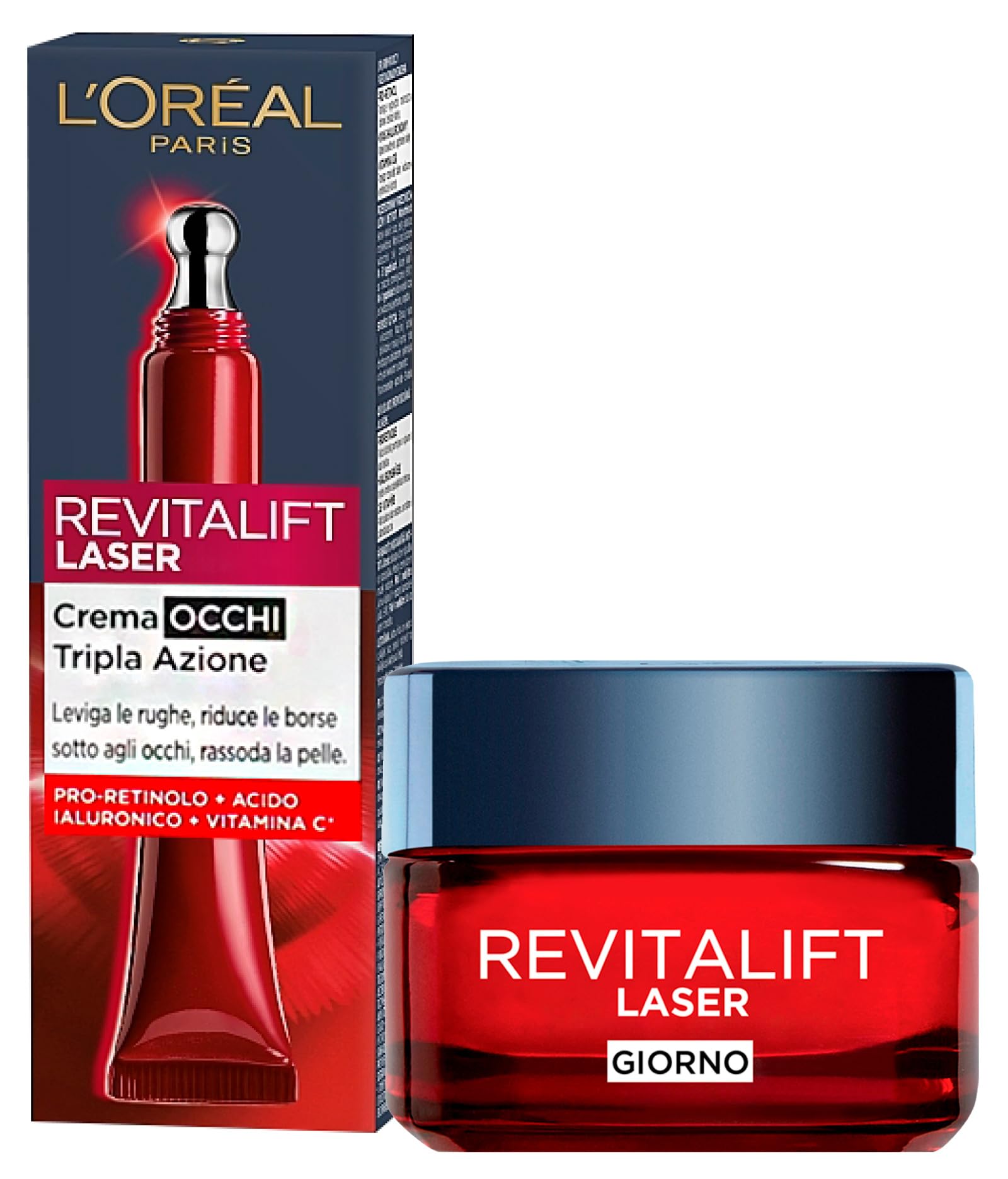 L'Oréal Paris Revitalift Laser Crema Giorno Anti-Età Tripla Azione Rassodante e Illuminante con Pro-Retinolo e Vitamina C + Crema Occhi Tripla Azione Anti-Rughe - 2 Trattamenti con Acido Ialuronico