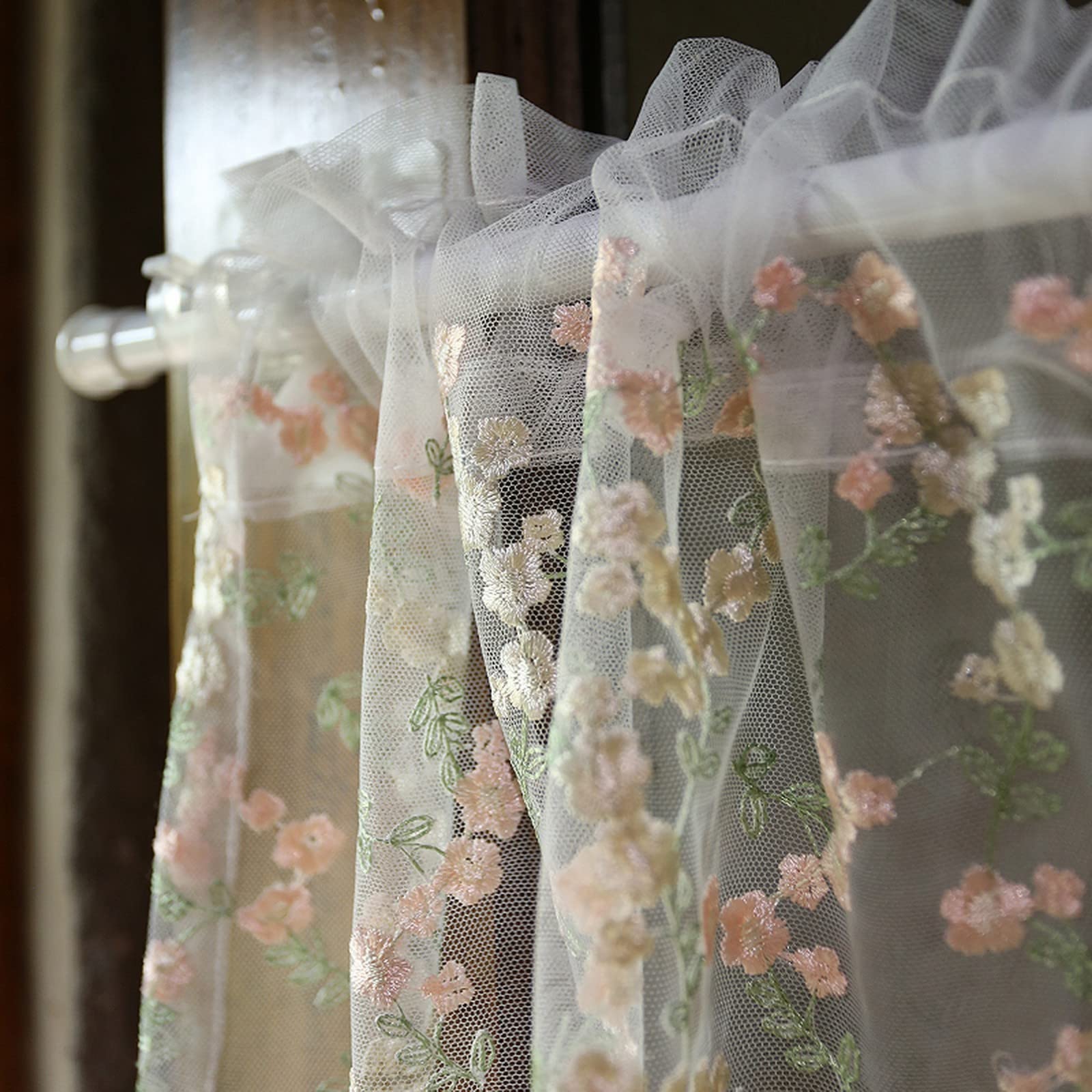 A.Monamour Gardine Scheibengardinen Kurzstores Transparenter Voile Vorhang Blumen Stickerei Texturiert Kurzgardinen Küchengardine Küchenvorhang Küche Vorhang Fenster Kurz Stores Bistrogardine