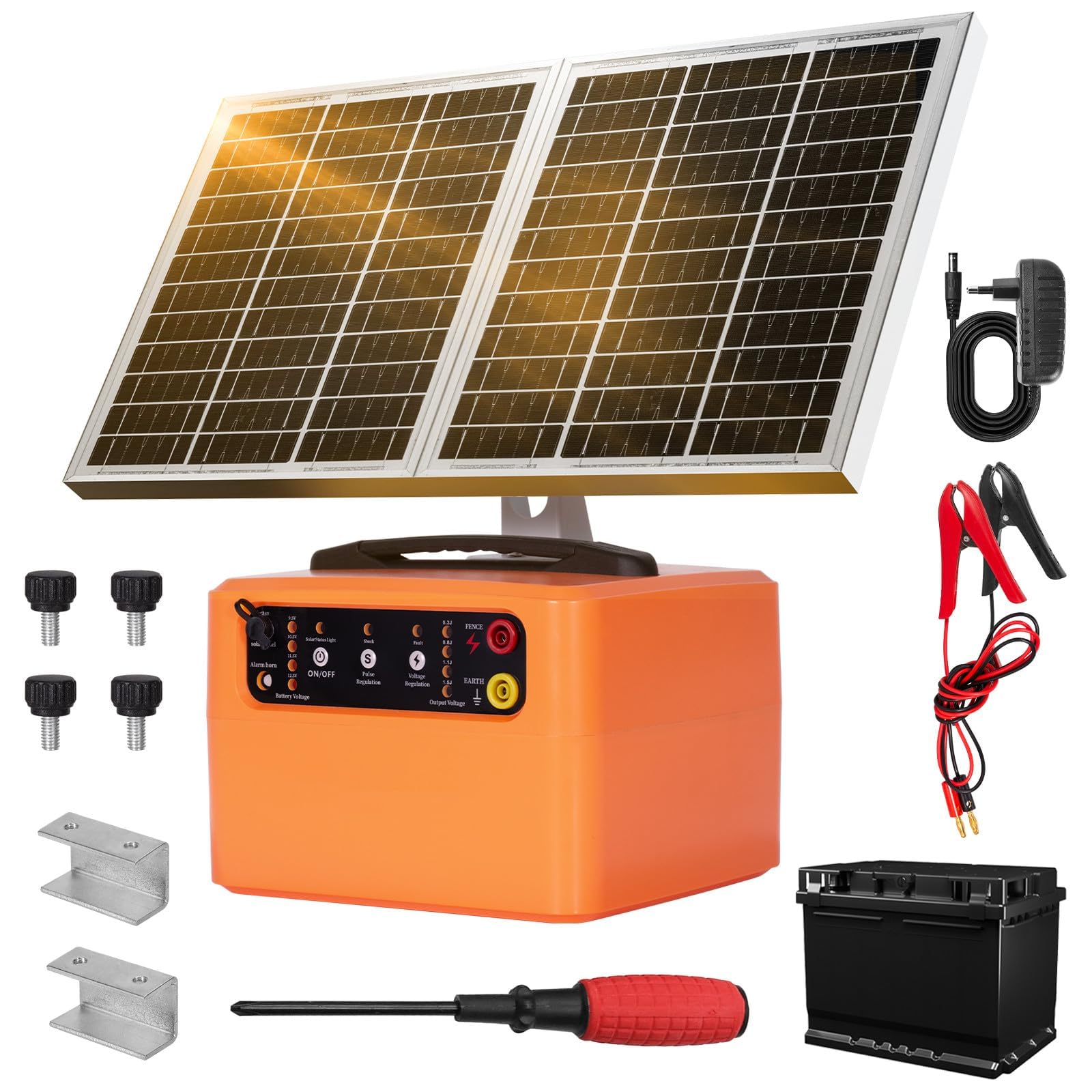 48KM Clôture Électrique Solaire, 0.3-1.5J, 6-12KV Réglable ClôTure éLectrique Pour Animaux avec Panneau Solaire de 15W, 12V 7Ah batterie plomb-acide, pour berger, pour ferme, pâturage, jardin