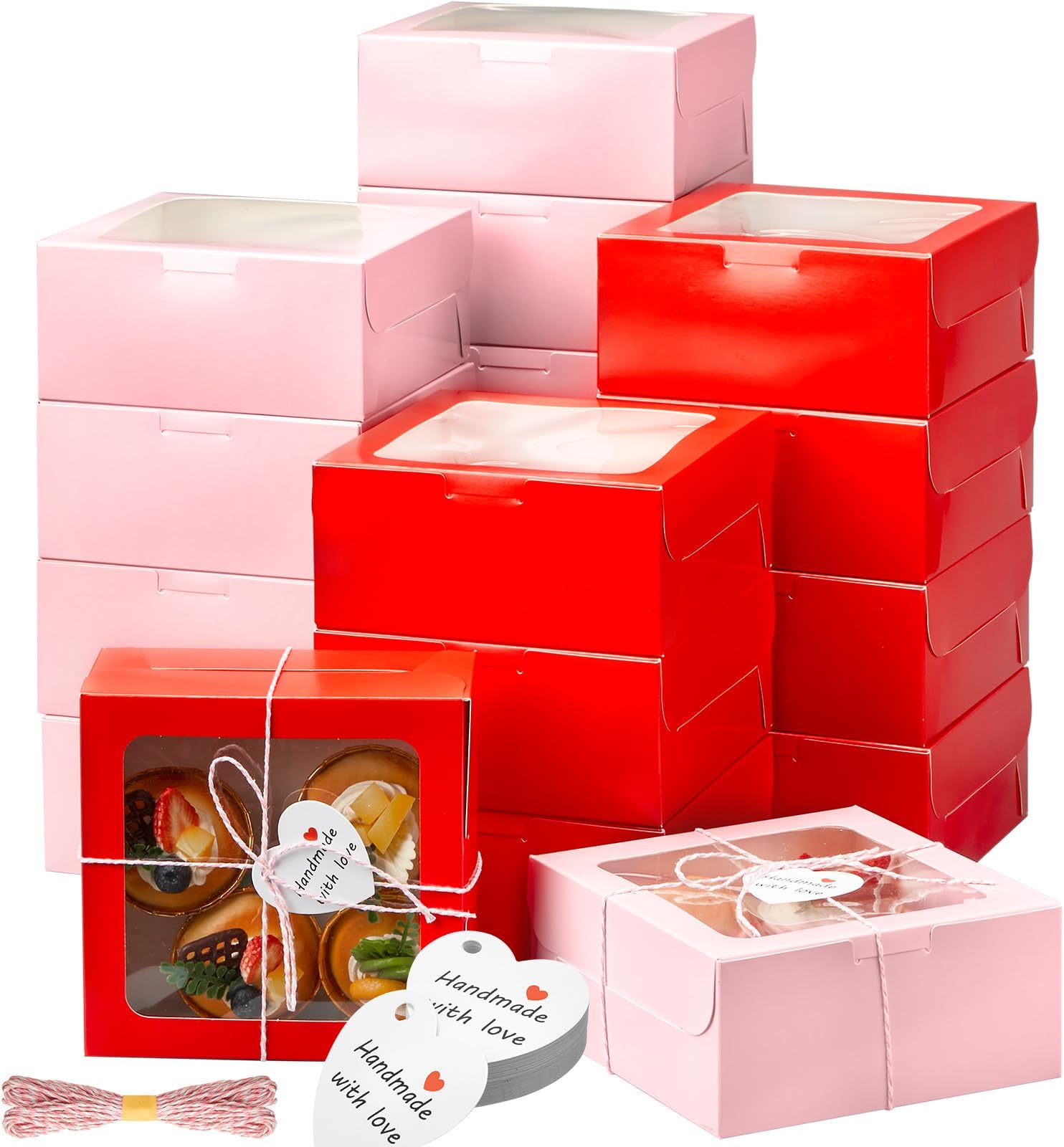 Maxcheck 50 Pcs Red Pink Bakery Boxes with Window 6x6x3 Inch Pink Red Cookie Treat Dessert Cupcake Charcuterie Box with Rope and Card for Valentines Teacher Wedding Baked Goods Giving Gift