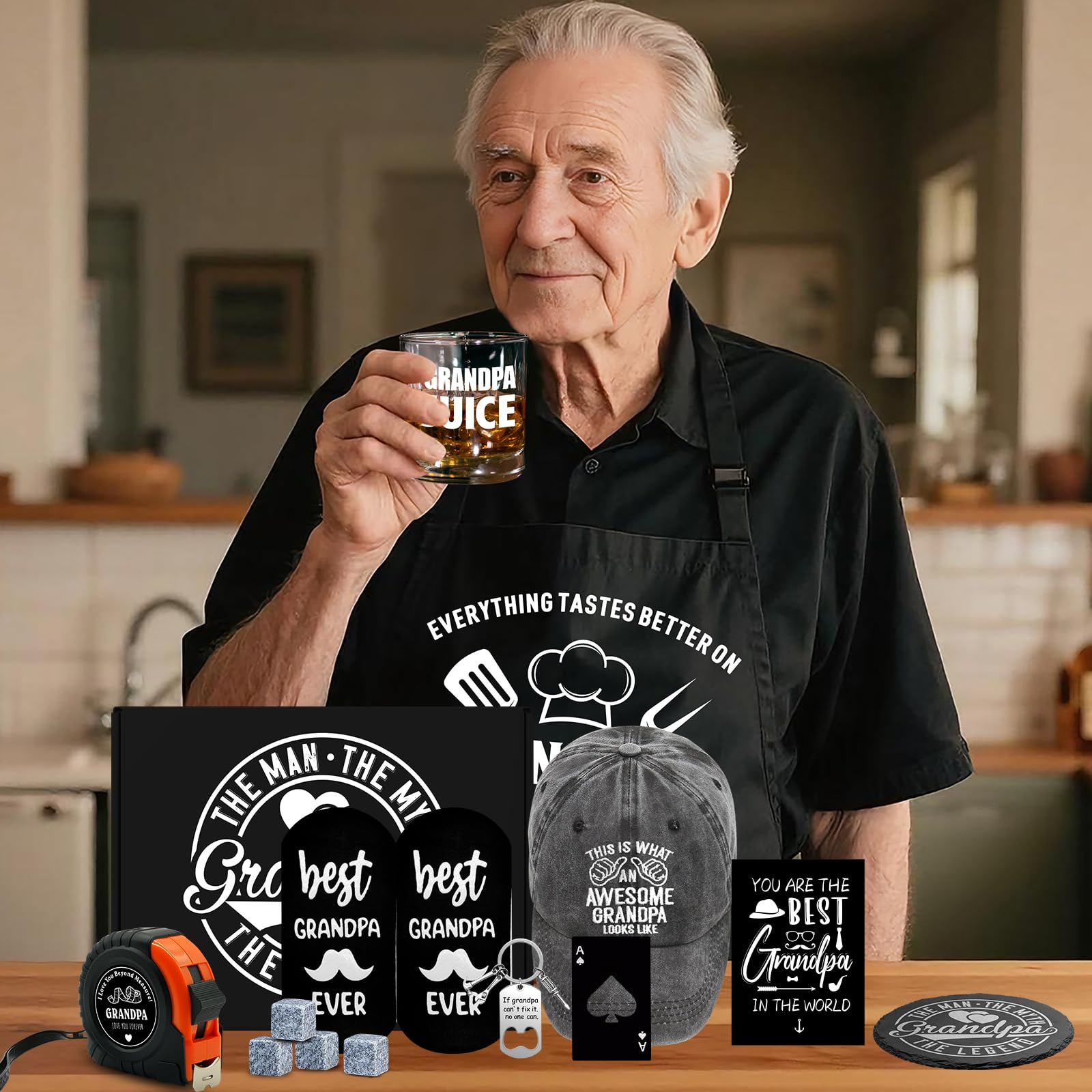 14 Pcs Grandpa Gifts, Best Granddad Ever Gift with 11 Oz Grandpa Juice Whiskey Glass 4 Whiskey Stones Coaster Apron Hat Sock Tape Measure Keychain, Birthday Father's Day Christmas Gift for Grandfather