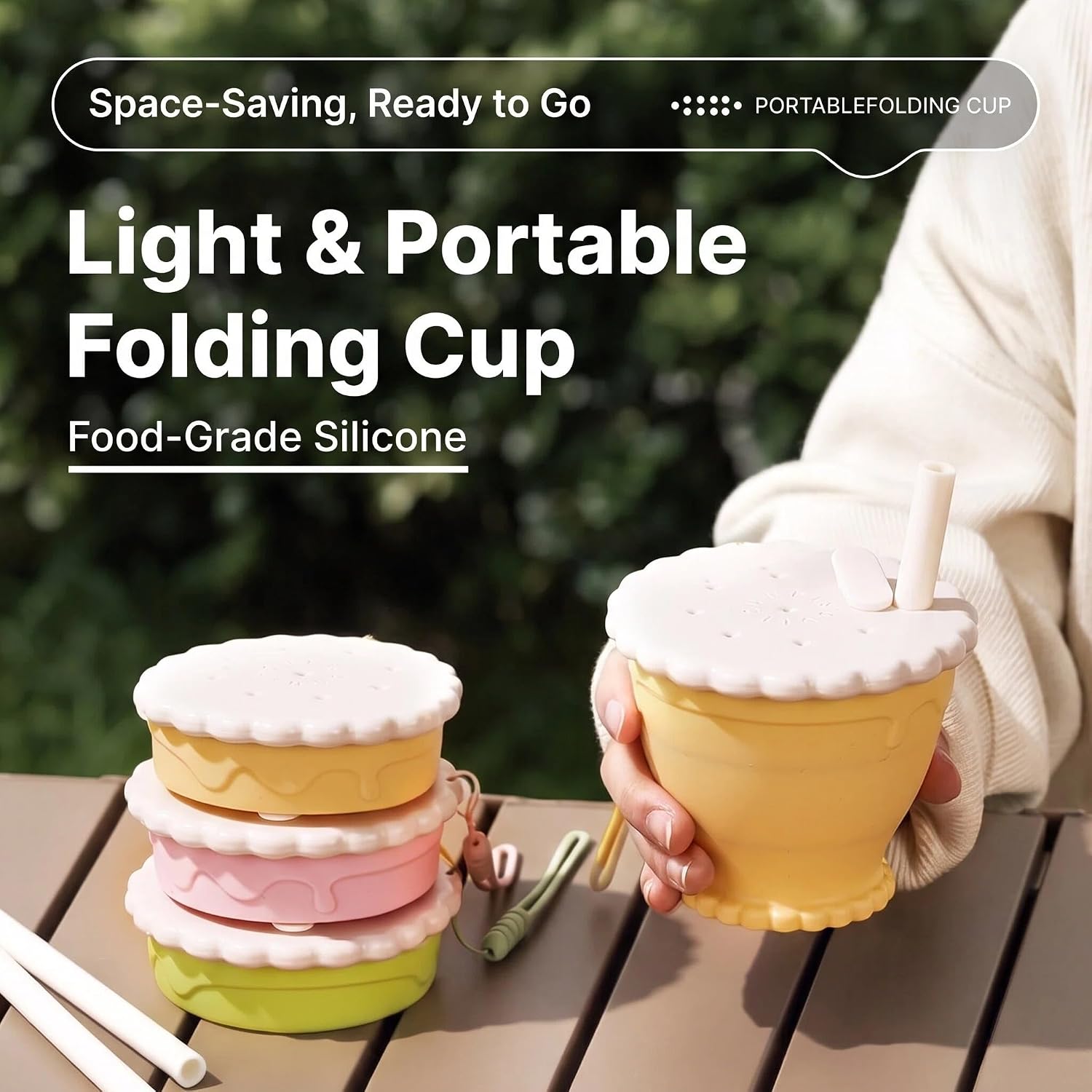 Silicone Collapsible Travel Cup with Straw (8.6oz/255ml) - Folding Camping Cup with Lids - Sakura Pink image 2