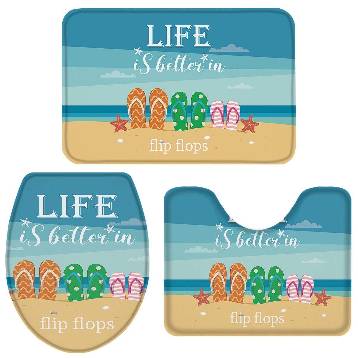 Z&L Home Bathroom Rugs and Mats Set 3 Pcs, Beach Funny Flip Flops Starfish Anti Slip Soft Mats Water Absorbent Bath Rug, Lid Cover, U-Shaped Contour