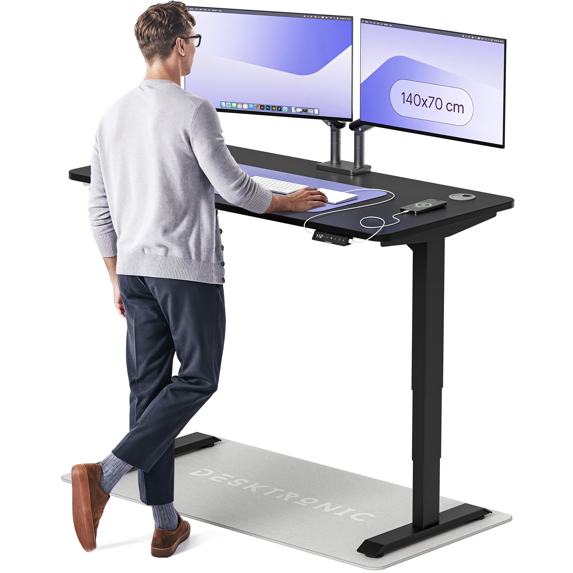 Desktronic HomePro Höhenverstellbarer Schreibtisch 140 × 70 cm – Elektrischer Schreibtisch Mit Zwei Elektrischen Motoren, Touchscreen-Steuerung und Integrierten USB-A- und USB-C-Ladeanschlüssen