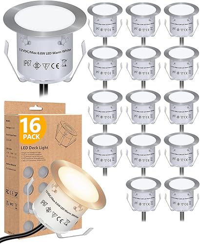 Kit de luces LED empotrables para cubierta (paquete de 16), iluminación de paisaje de bajo voltaje de 12 V, IP67 impermeable, luces de escalera para