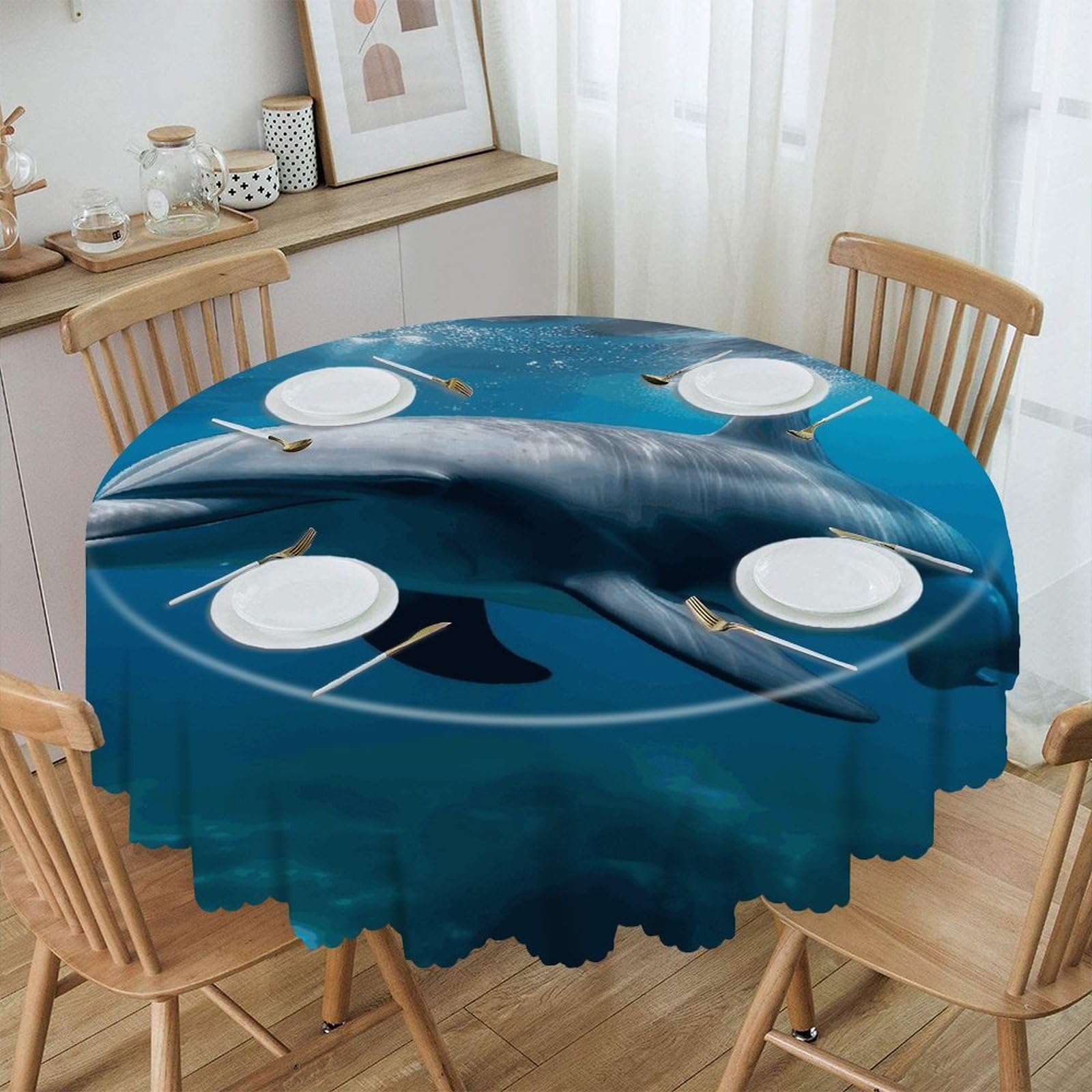 FekiLoot Dolphins in The Ocean1 Round Tablecloths 60 Inch Resistant Washable Polyester Table Cloth Style Decorative Circle Fabric Table Cover for Dining Kitchen Party Farmhouse Outdoor