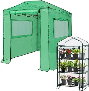 EAGLE PEAK 8x6 Portable Walk-in Greenhouse and 27"x19"x50" Mini Greenhouse with Wire Shelves