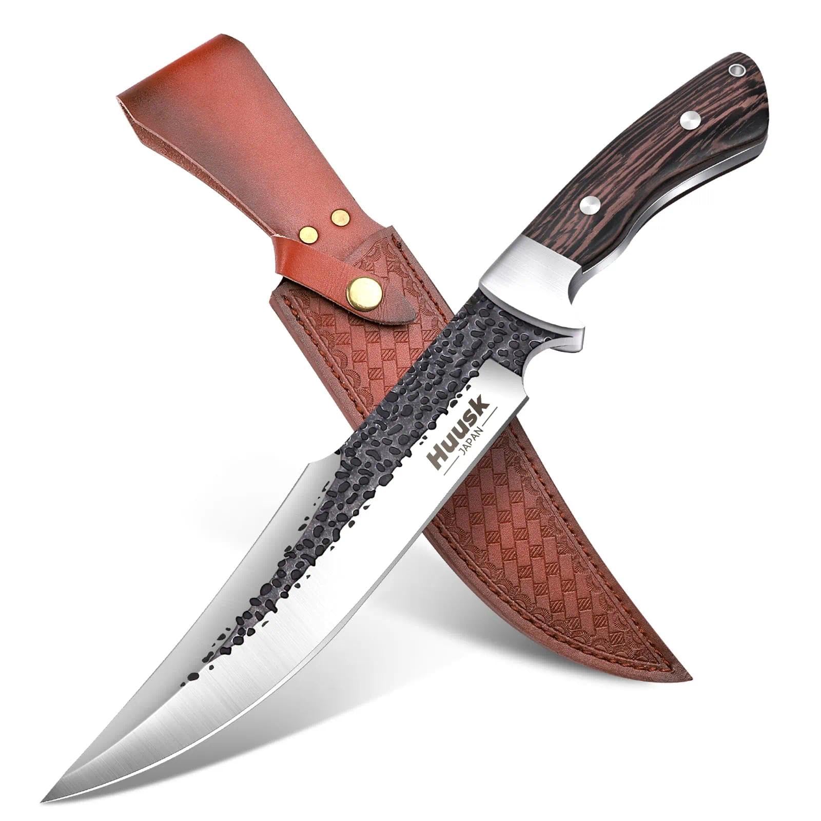 Huusk Fixed Blade Bowie Knife - 8" Hunting Knife with Sheath, Full Tang Survival Knives with Ergonomic Wood Handle, Outdoor Bushcraft Knives for