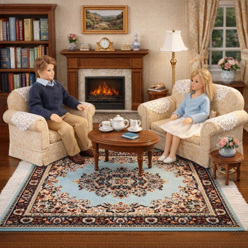 Dollhouse Area Rug – Turquoise Miniature Carpet Accessory for Doll Houses, 10 x 7 Inch Rectangular Floor Décor, Oriental Style image 2