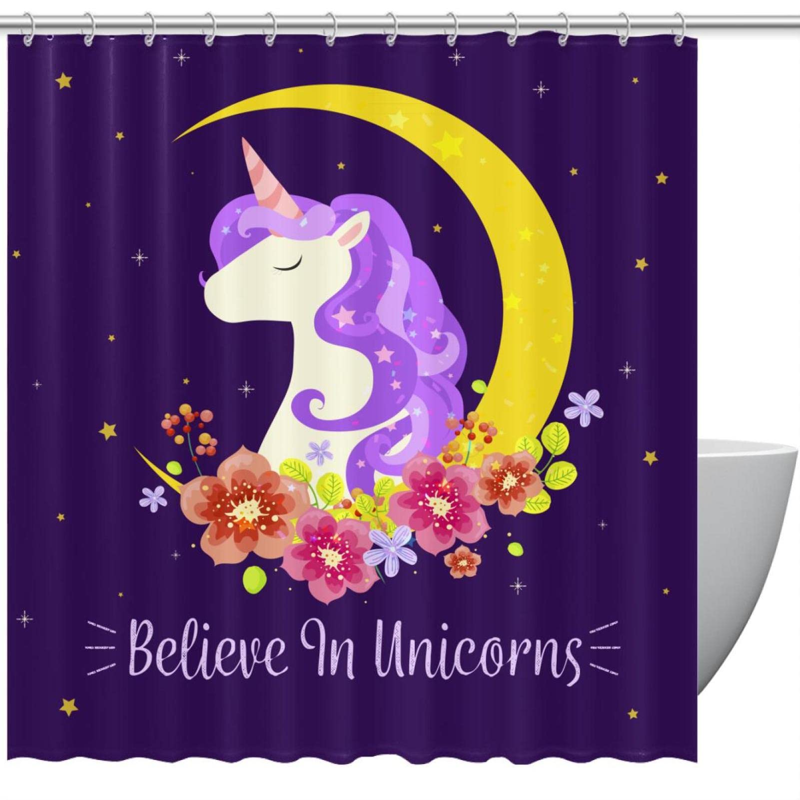 Rideau de douche licorne magique avec fleurs pour décorer une salle de bain d'enfant