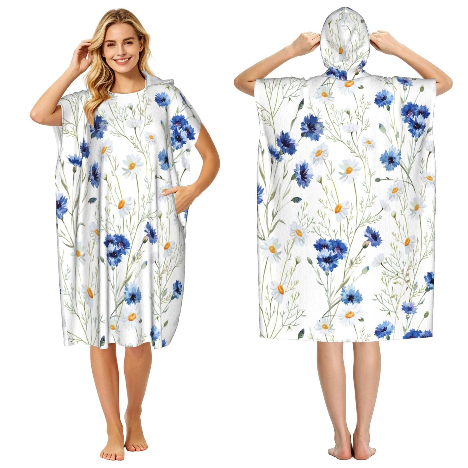 Poadnly Hand Drawn Flower, Adult Hooded Beach Towel 90 x 110 cm,Changing Bath Robe, Surf Poncho Towel For Women Men