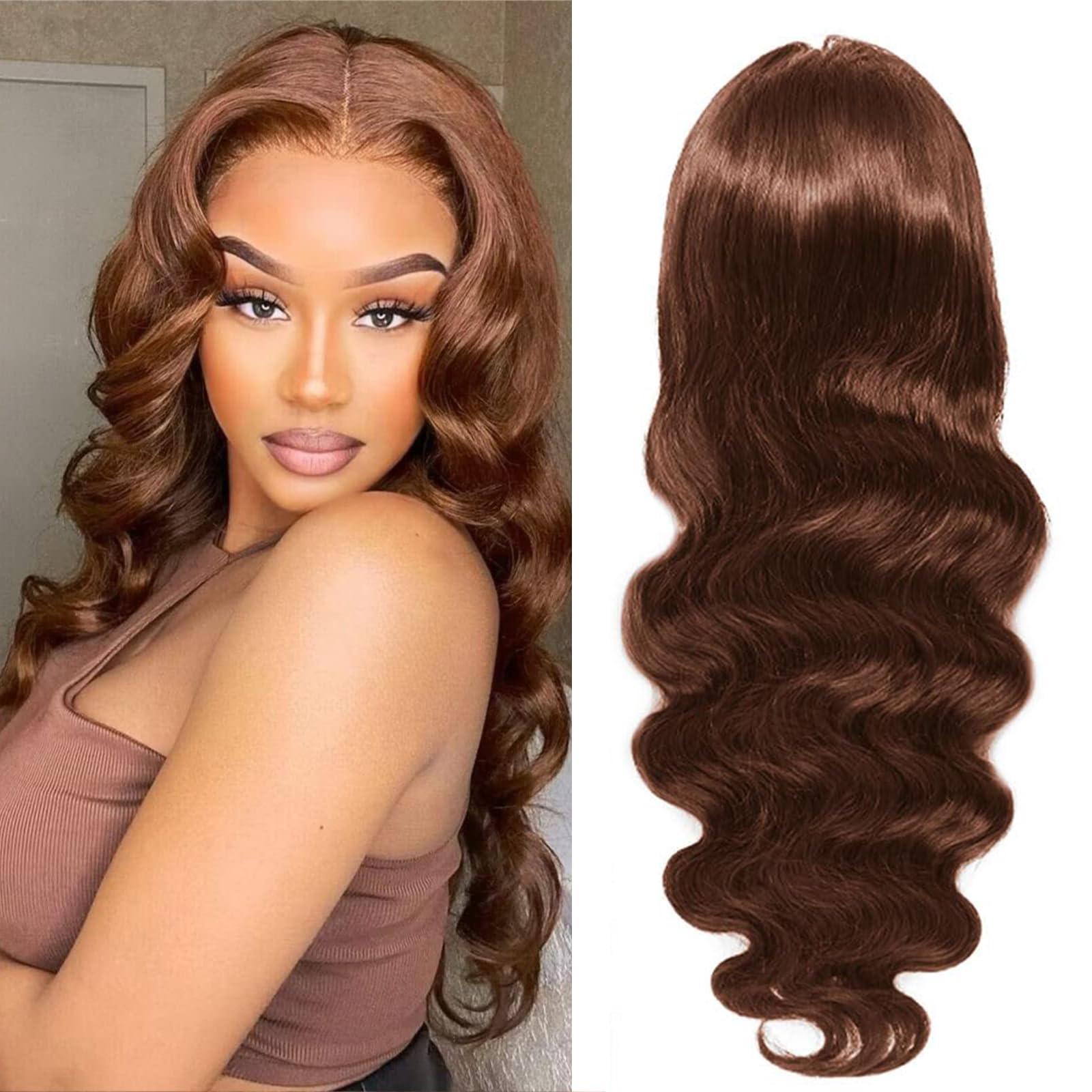 Wear and Go Glueless Wig Human Hair Pre Plucked 4x4 HD Lace Front Pre Cut Body Wave Lace Front Wigs Natural Hairline Wigs Chocolate Brown Color 180 Density (24 inch) - Image 4