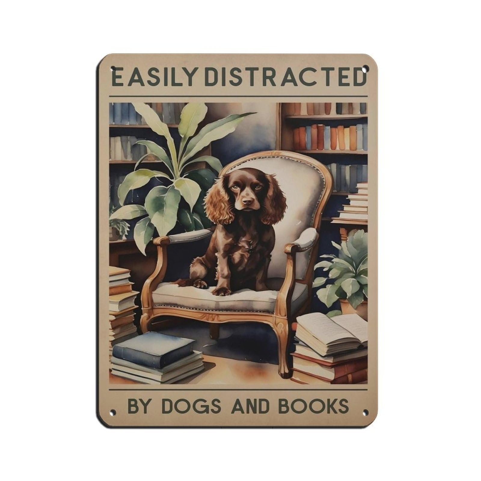 Dog And Books Poster, Spaniel Dog, Vintage Book Retro Poster Metal Tin Sign Chic Art Retro Iron Painting Bar People Cave Cafe Family Garage Poster Wall Decoration 12x16inch(30x40cm)