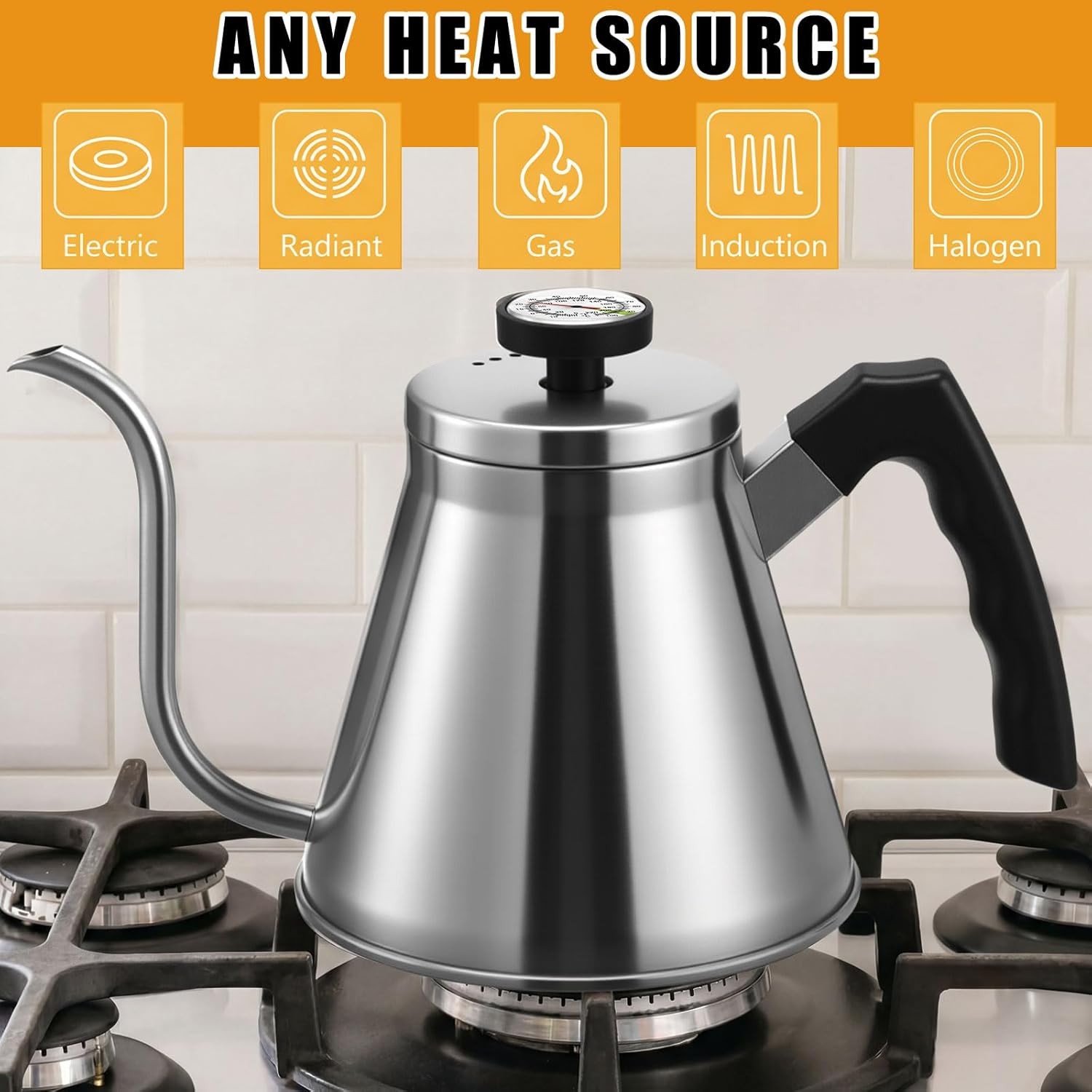 2 Pack 40 oz Gooseneck Kettle with Thermometer Stainless Steel Pour over Coffee Kettle Precision Drip Spout for Stovetop Home Kitchen Camping(Silver)