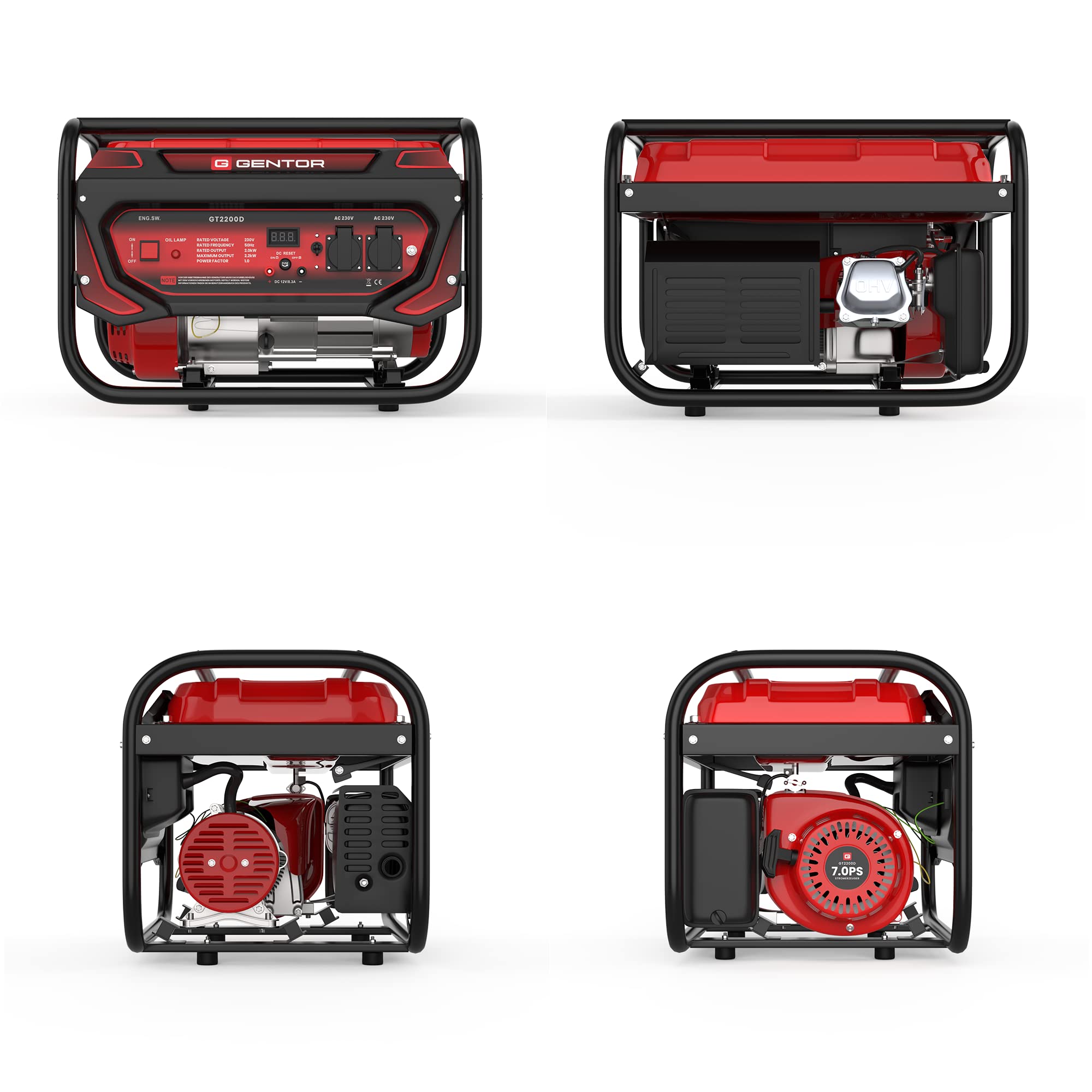 GENTOR Generador de Energía de Emergencia de Gasolina Tranquila 2200 Vatios 7.0HP, Motor de 4 Tiempos, 2x 230V, 1x 12V, Pull-Start, Para Acampar