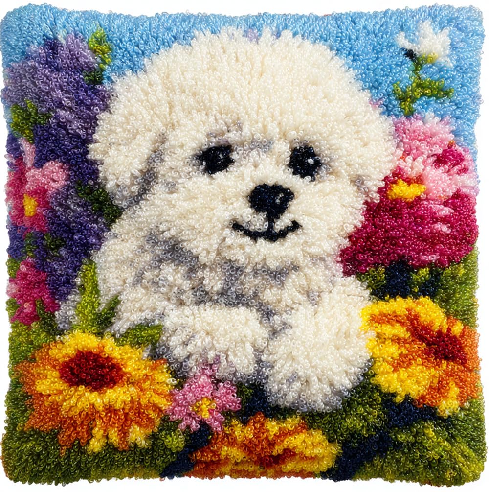 Taxpy 3D DIY Latch Hook Kits -Bichon Frise and Flowers 17X17 Inch with Colorful Printed Canvas,Beginners Animals Latch Hook Pillow Kit,Fit for Christmas, Halloween,Home Sofa Decoration