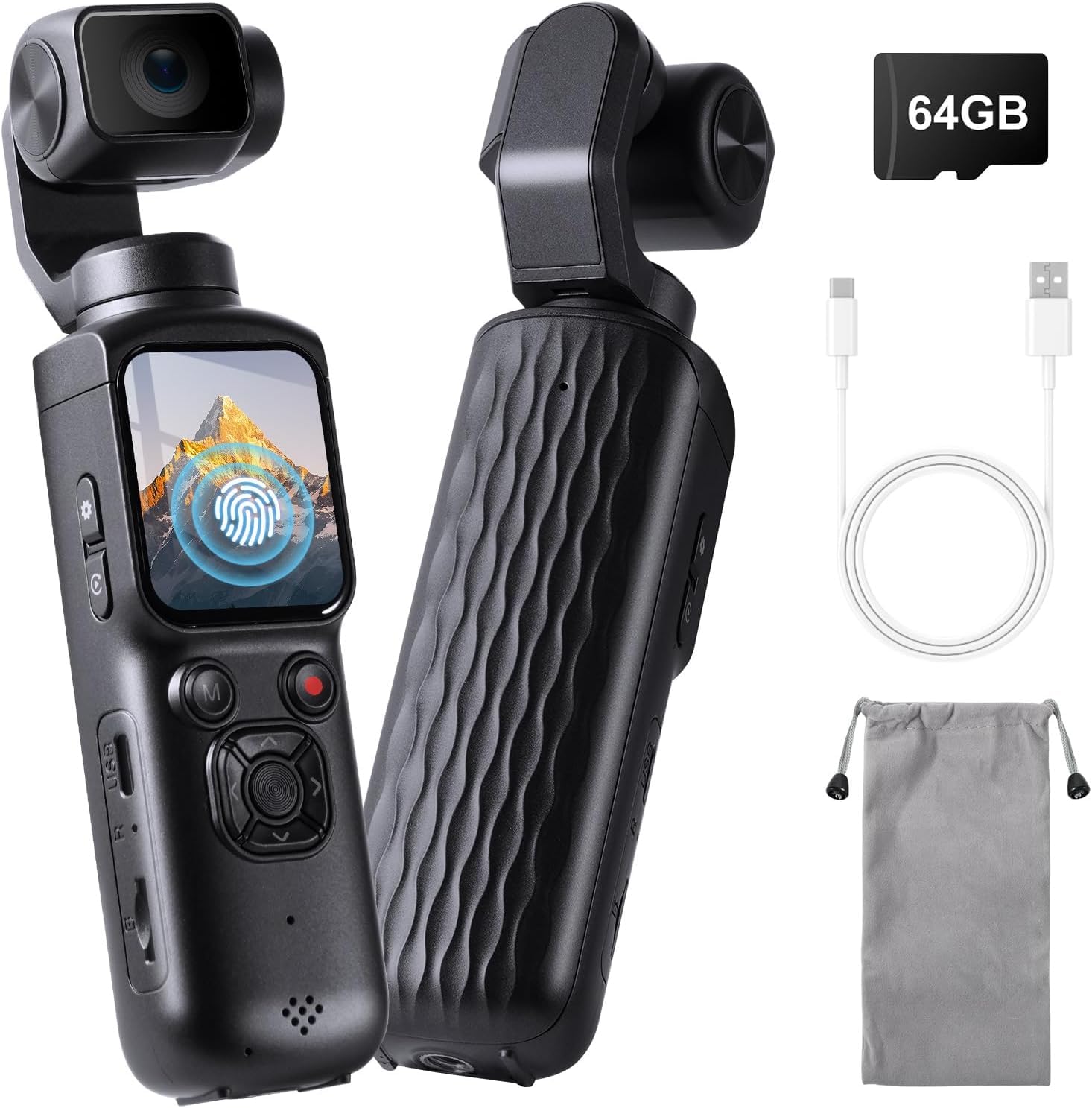 LAMA Vlog Kamera Videokamera 4K 64MP Mini Tragbare Actionkamera mit 320° Gedrehtes Objektiv 64GB Karte, 1,7'' HD-Touchscreen Action cam Körperkamera mit Autofokus & EIS für Vlogging Sport Outdoor