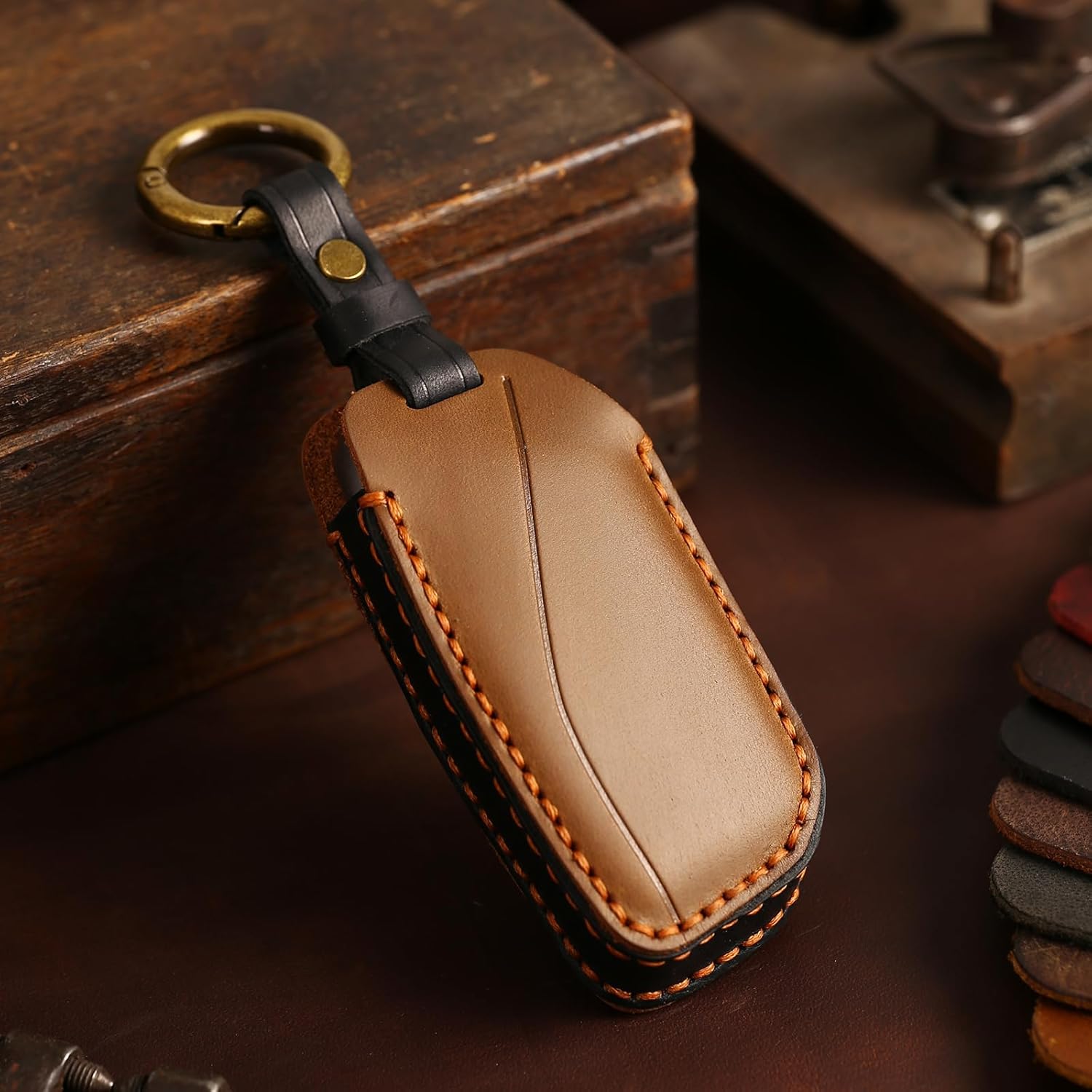 OLLEN Screws-Free Genuine Leather Key Fob Cover Fit for BMW 2023-2025~up New 5/7 Series 740i 760i X1 X2 X3 X5 X6 X7 XM IX IX3 I5 I7 etc, with Key Ring, Brown - Image 4