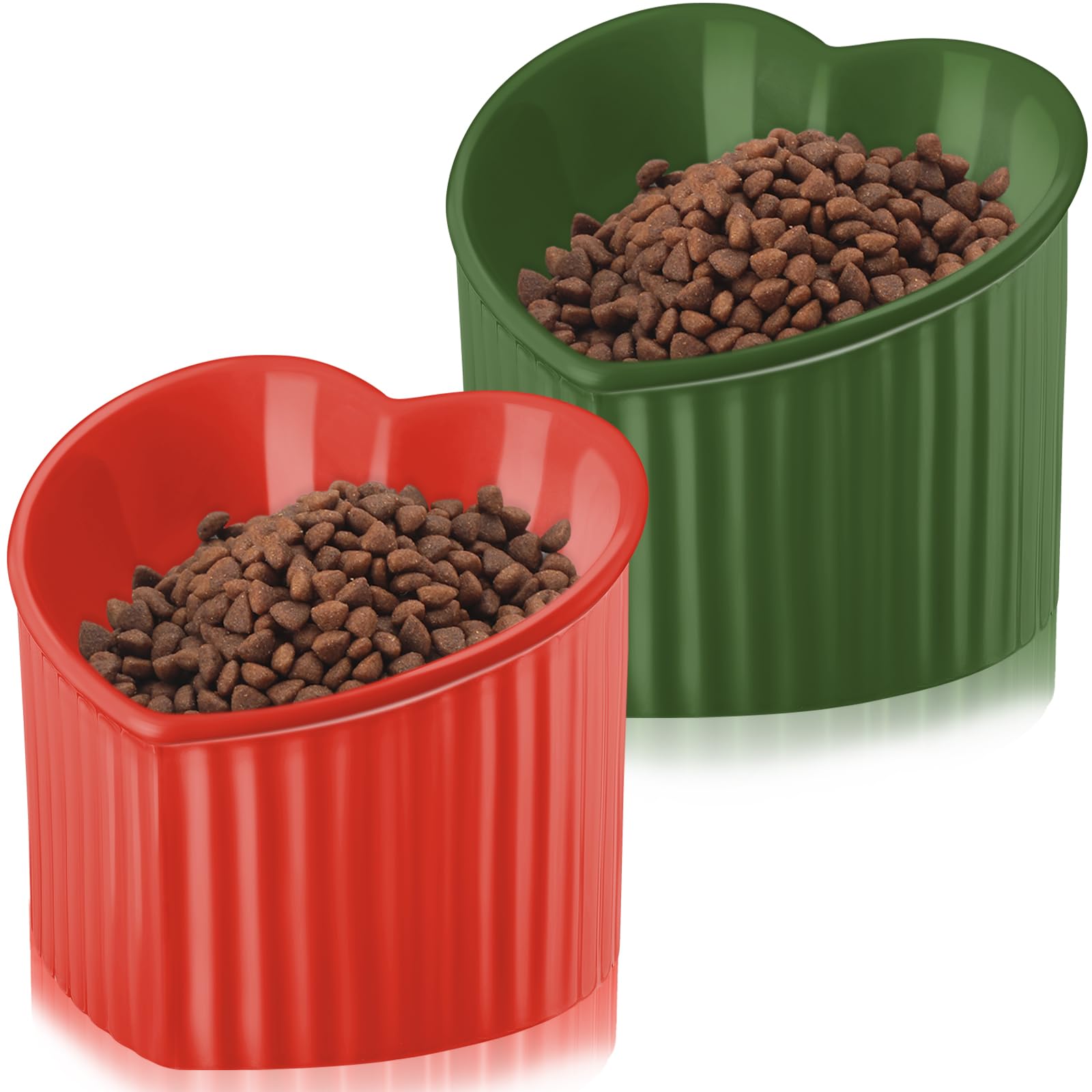 Mumufy 2 Pcs Ceramic Elevated Cat Bowls Tilted Elevated Raised Pet Bowls Anti Vomit Cat Dish for Indoor Stress Free Water Dish Feeder for Puppies, Heart Shaped (Red, Green) — image 1