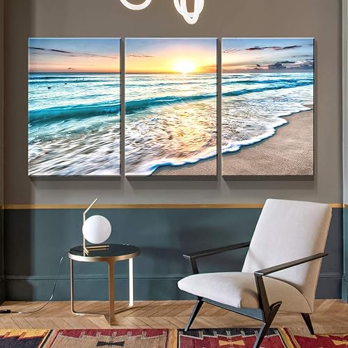 Miniatura 2 de Denozer - Lienzo decorativo de 3 paneles para decoración del hogar, mar azul, puesta de sol, blanco, playa, pintura, impresión sobre lienzo, paisaje