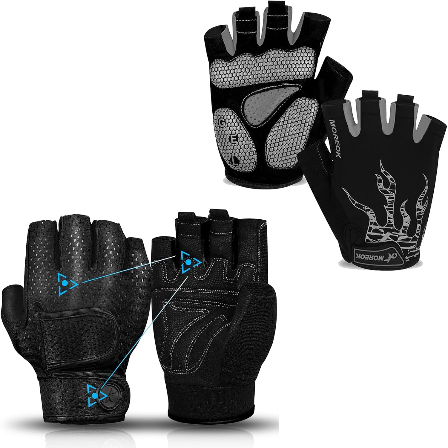 MOREOK Bike Gloves Exercise Workout Gloves AK050-one Pair（Gray-Large） Exercise Workout Gloves MK1003-one Pair（Black-Large）