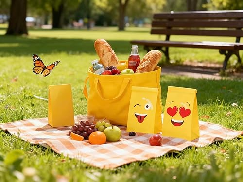 Miniatura 5 de VstarOne 24 bolsas de dulces Emoticons bolsas de fiesta con calcomanías, 24 calcomanías, bolsa de papel kraft para bodas, nacimientos, decoraciones