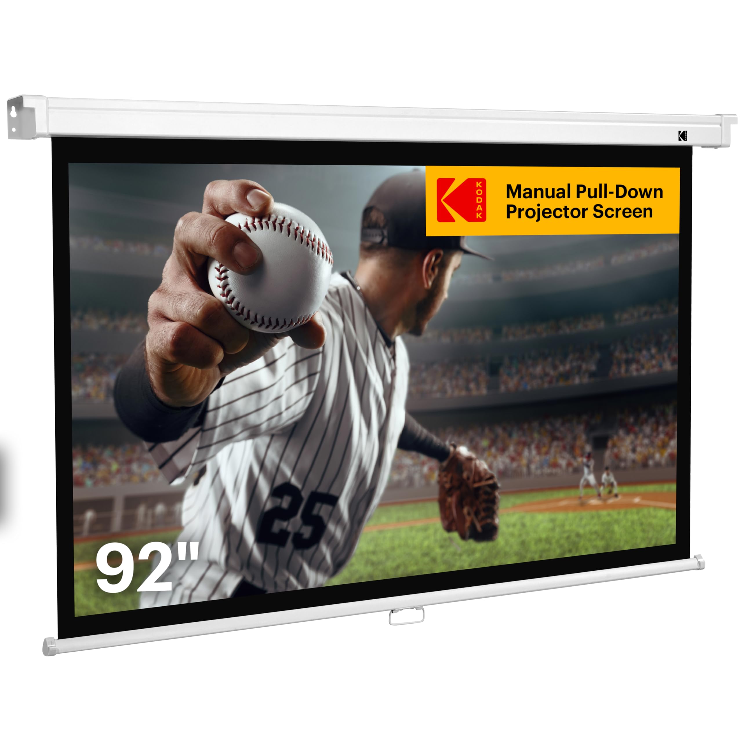 Kodak Manual Pull-Down White Projector Screen 92" Inch | Large 16:9 Office, Home Movie Theater Screen with Wall & Ceiling Mount Options, Easy-Clean