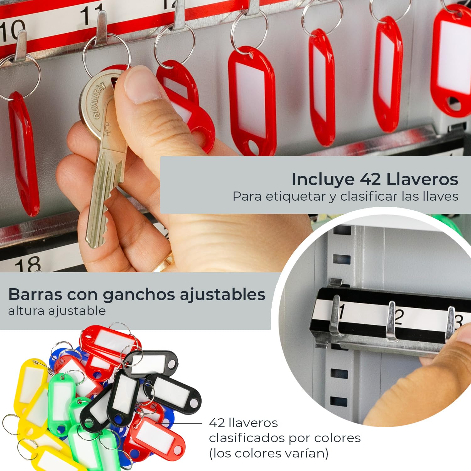 HMF 13642-07 Armario para llaves con código numérico, caja para llaves grande, 42 ganchos, 35 x 27 x 8 cm, gris claro