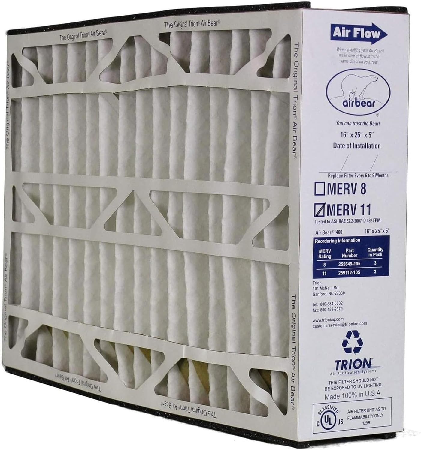 Trion Air Bear 16 x 25 x 5 Inch MERV 11 High Performance Air Purifier Filter Replacement for Air Bear Cleaner Purification Systems, White (3 Pack)