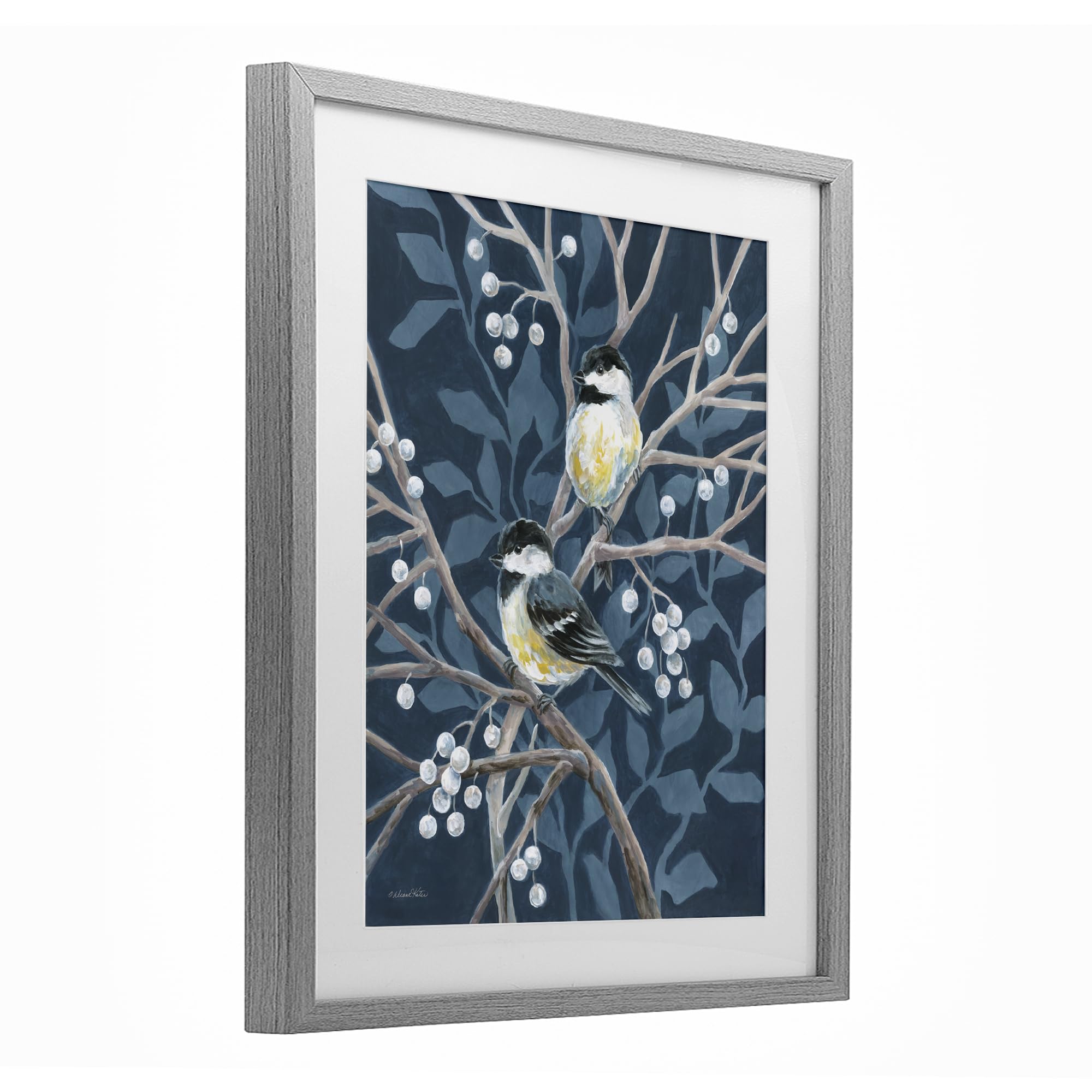 Chickadees on Winter Berries Bird, 43,2 x 53,3 cm Stampa incorniciata sotto
