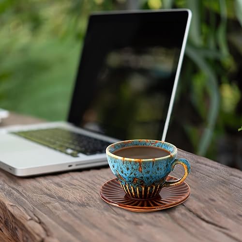 Miniatura 5 de Juego de 2 tazas de café expreso de 4 onzas, tazas de capuchino de cerámica con platillos, juego de té de porcelana duradero y colección moderna de