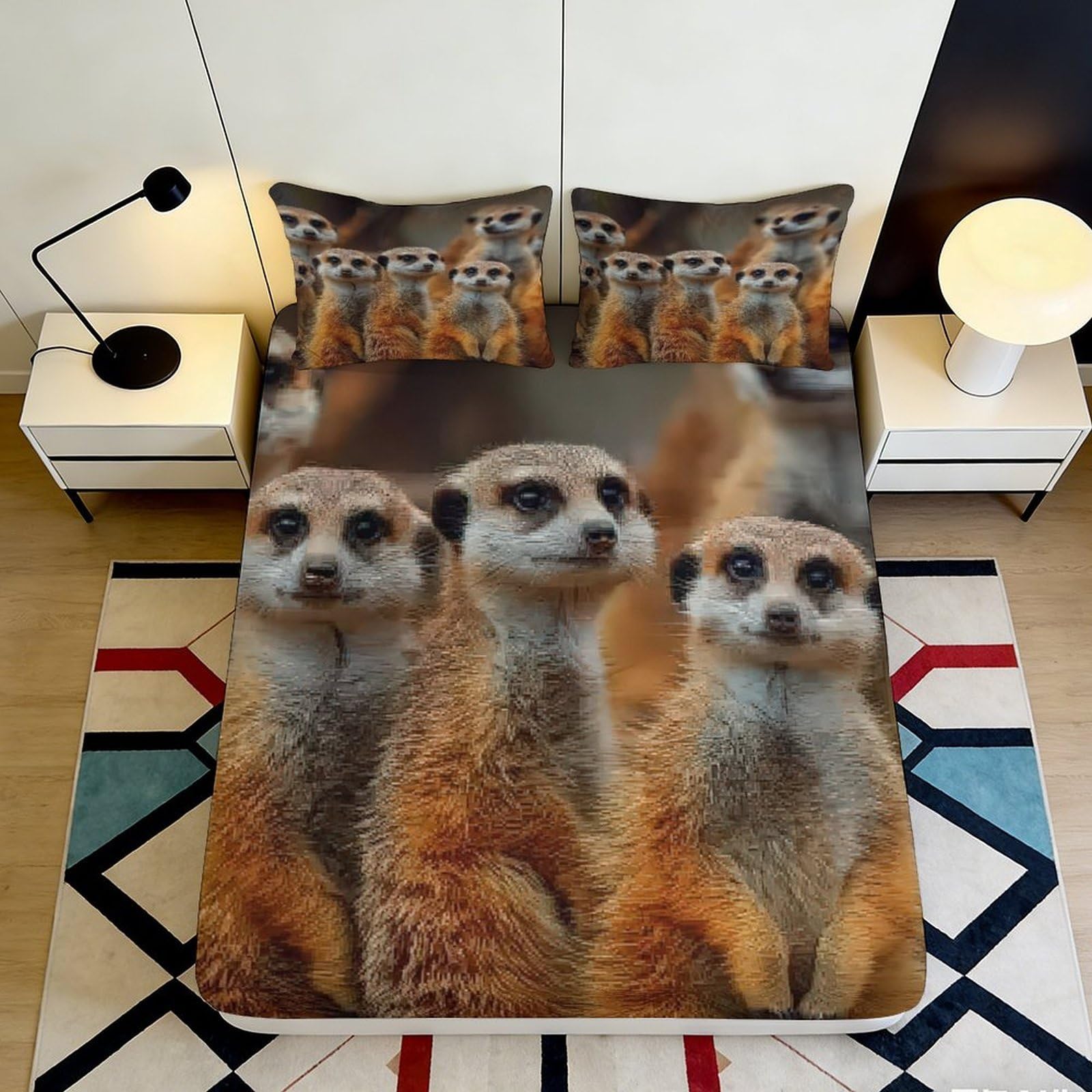 3D Printed Meerkat Family Fitted Sheet Microfiber Soft Animal Wildlife Bed Cover for Bedroom Guest Room Decor 90x200x25cm