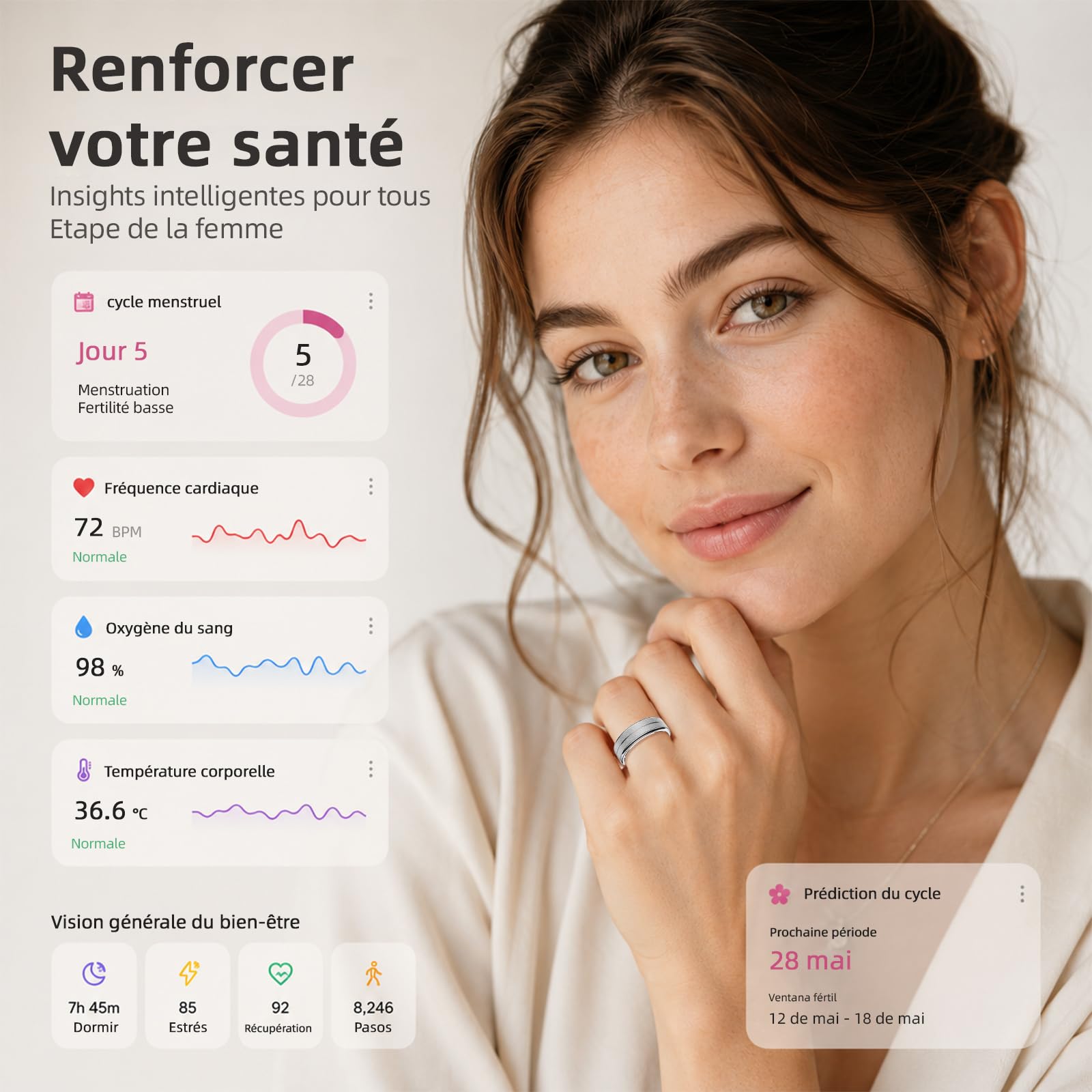 Smart Ring Suivi de la santé du Sommeil Tracker de fréquence Cardiaque