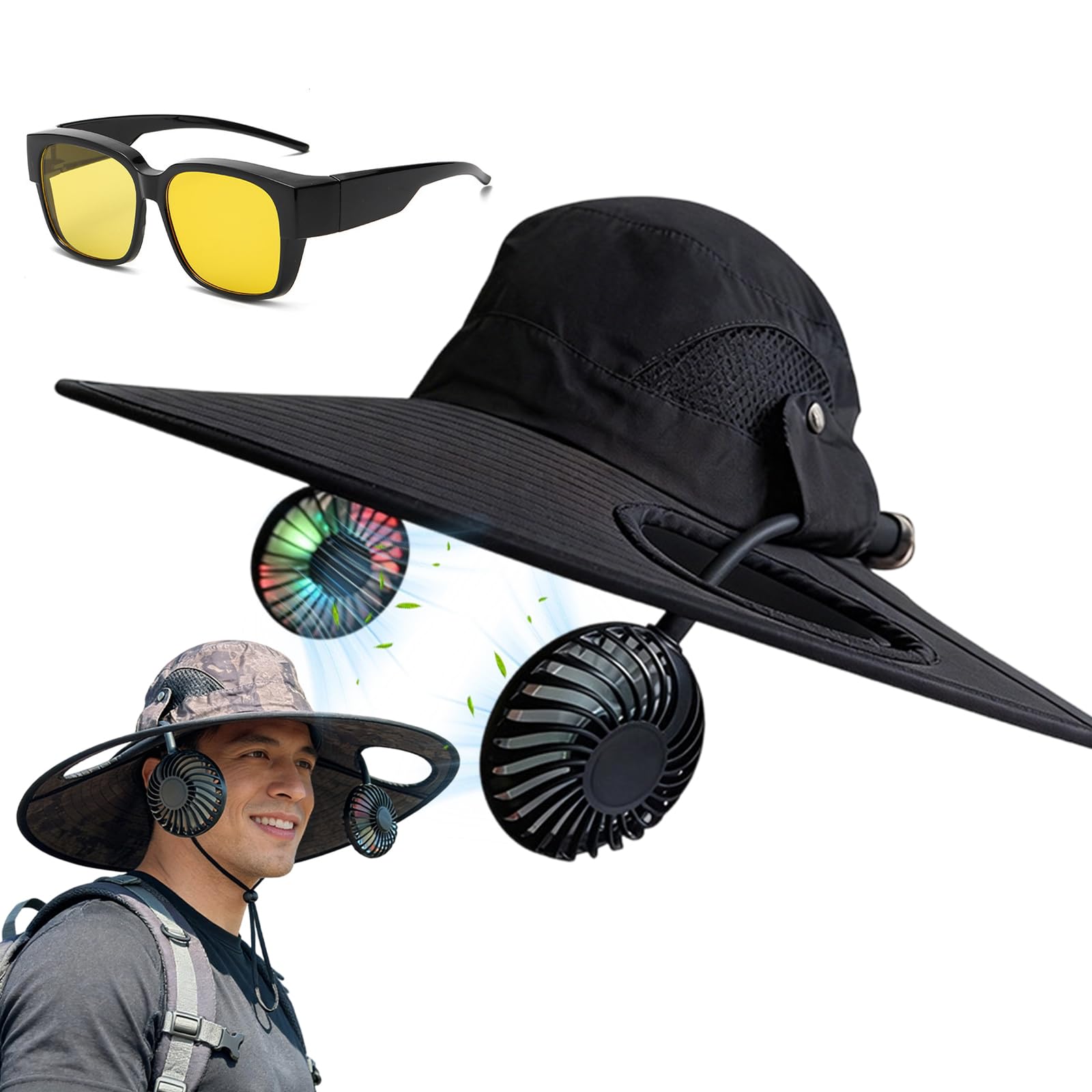 Cappello 2 in 1 a tesa larga UPF 50+, con doppia ventola solare, per pesca, escursionismo, ombrello, per adulti, ricarica USB