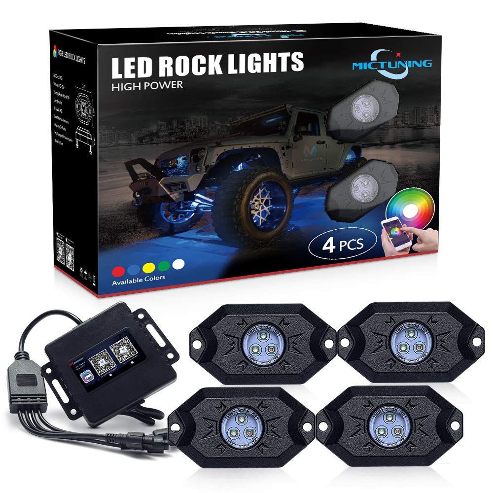 MICTUNING 2nd-Gen RG Neon LED Rock Lights with Bluetooth Controller, Timing Function, Music Mode - 4 Pods Multicolor
