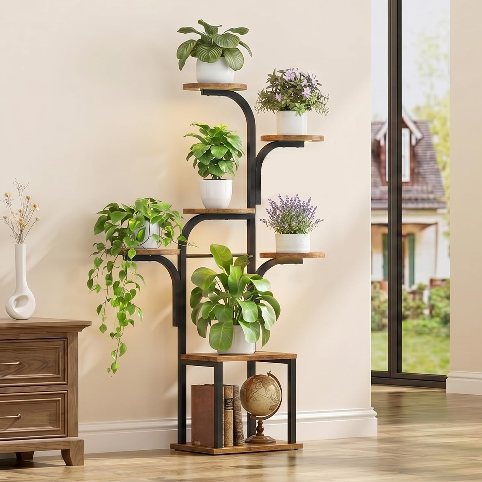 HOOBRO Support Plantes Interieur avec 3 Lampes de Croissance 7 Niveaux, Étagère Plante, Hauteur 120 cm, Minuterie 3/9/12 Heures, pour Salon, Chambre, Balcon, Marron Rustique et Noir EBF09DHJ01