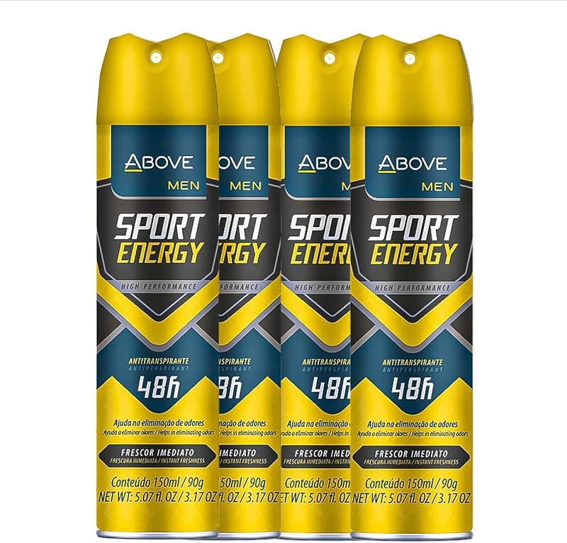 Desodorante antitranspirante ABOVE Sport Energy, fragrância amadeirada e floral, spray seco, sem álcool, Pacote com 4