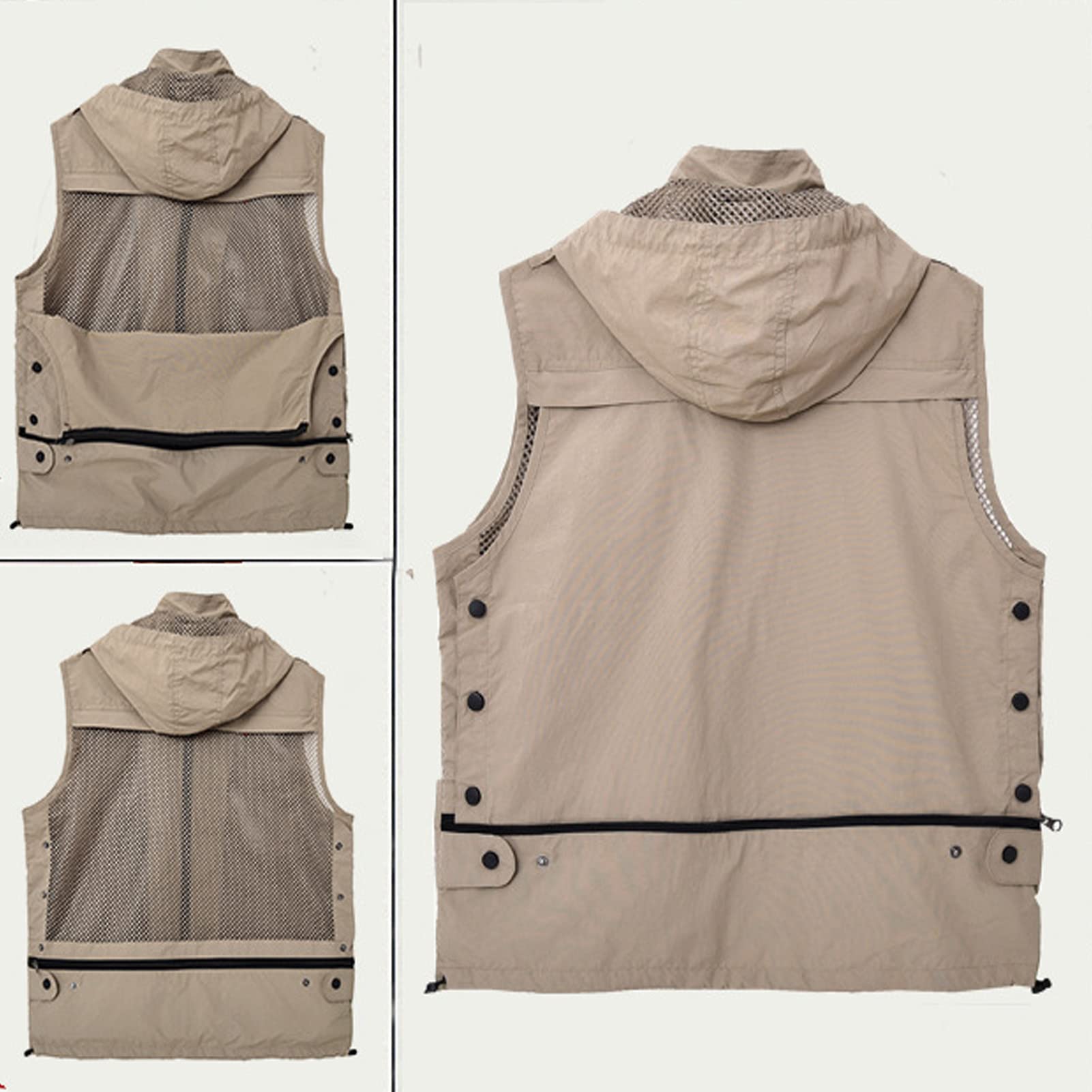 Chaleco de los hombres con múltiples bolsillos chaleco con capucha al aire libre suelto casual malla transpirable chaqueta de trabajo chaleco de pesca abrigo fotografía viaje Top negro-XL