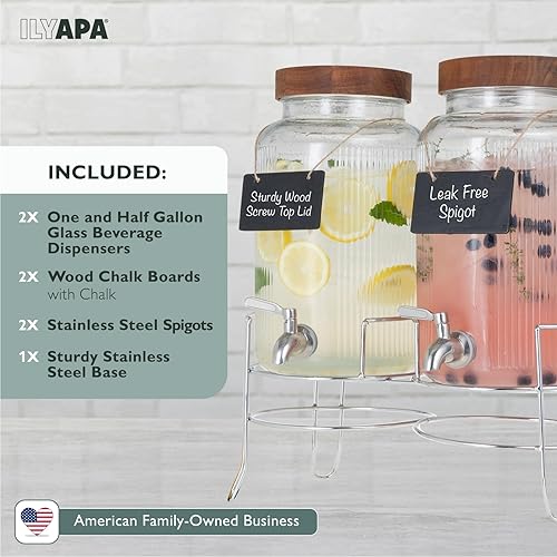 Miniatura 5 de Ilyapa Dispensadores de bebidas de vidrio para fiestas con soporte, paquete de 2, 1.5 galones para agua helada, limonada, jugo, sangría y torre de