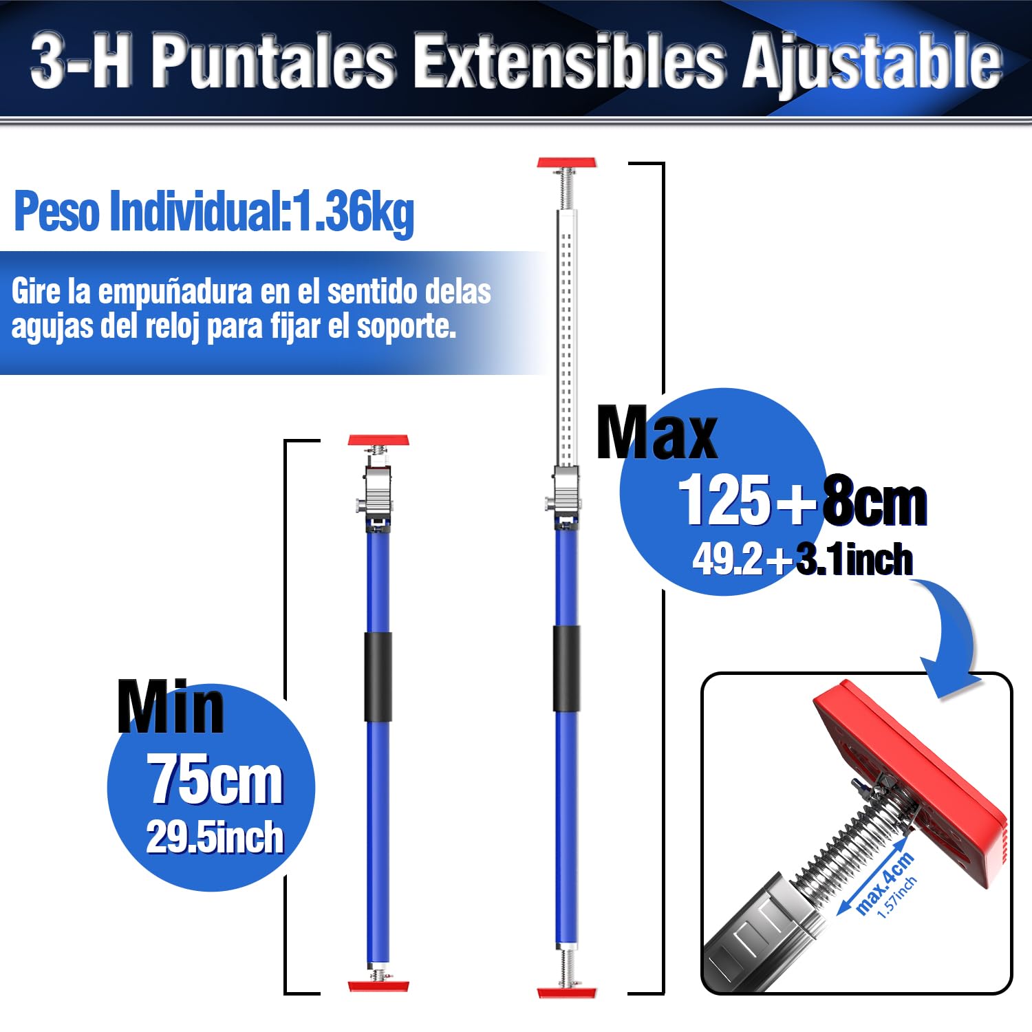 3-H Puntales Extensibles Reforzados 4 Piezas,75-133cm Puntal Telescopico Extensible Acero Robusto Carga 50KG Puntales de Obra Ajustable Puntal Expansion Telescopico para Techo Construcción Obras(Azul)