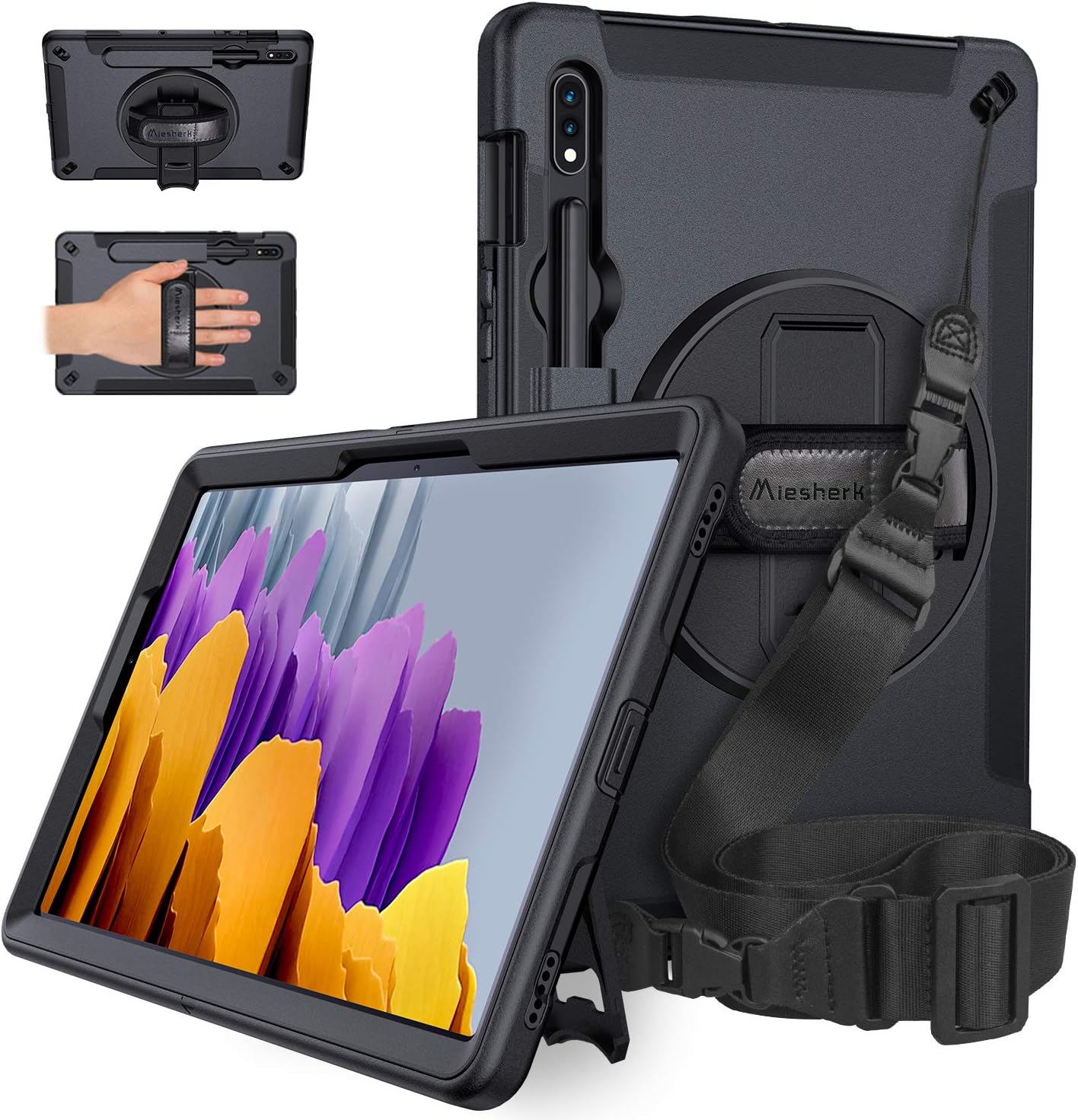 Galaxy Tab S7 Case with S Pen Holder, Military Grade [ 15ft Drop Tested ] Shockproof Protective Tablet Cover + 360° Rotatable Stand + Hand & Shoulder Strap for Samsung Tab S7 11 Inch 2020 Black : Electronics