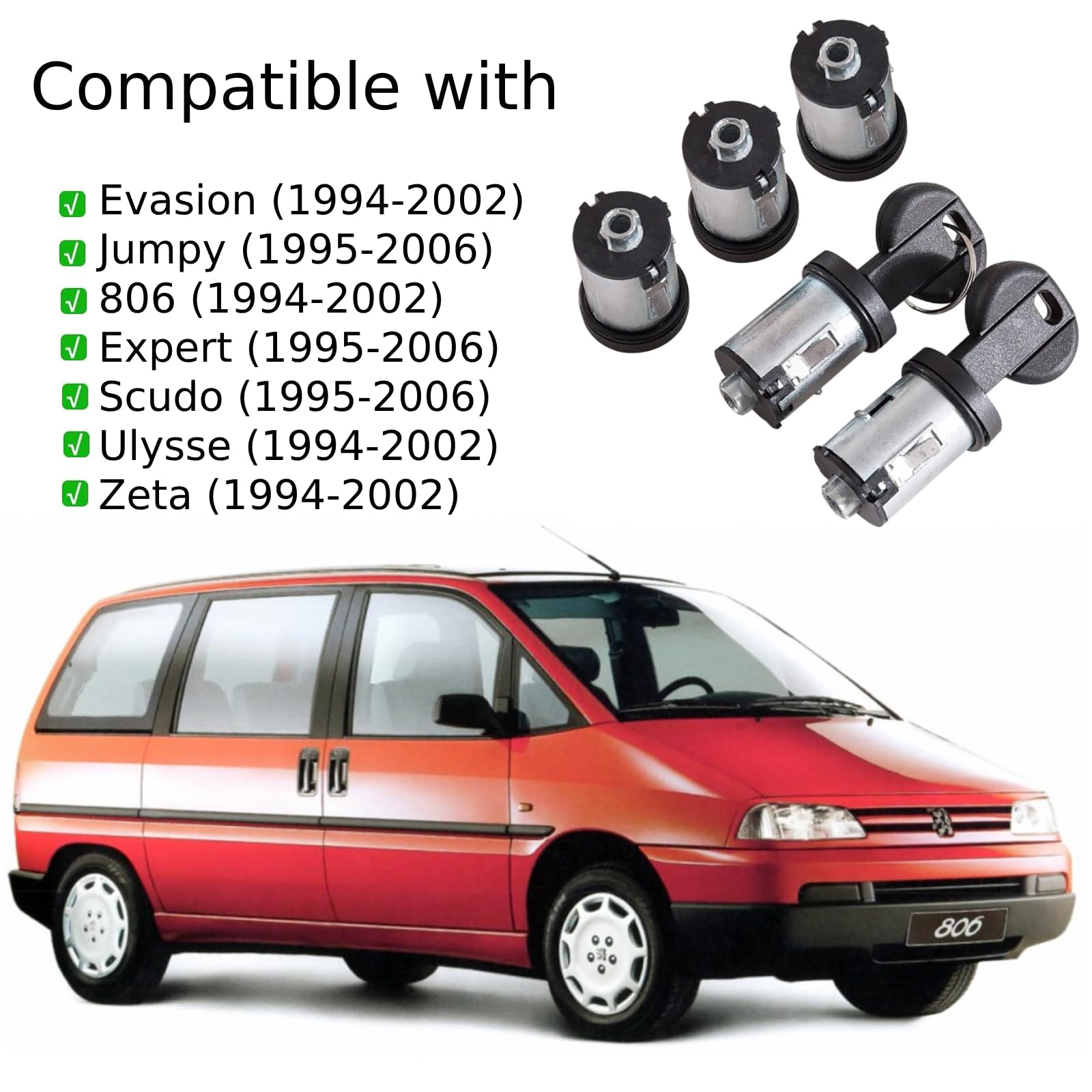 Twowinds - Bombín Cerrradura 4162.C9 Compatible con Peugeot Expert 806, Fiat Scudo Ulysse Zeta (1994-2006) Citroën Synergie - Puerta Delantera, Trasera, Izquierda, Derecha - Llave (set de 5)