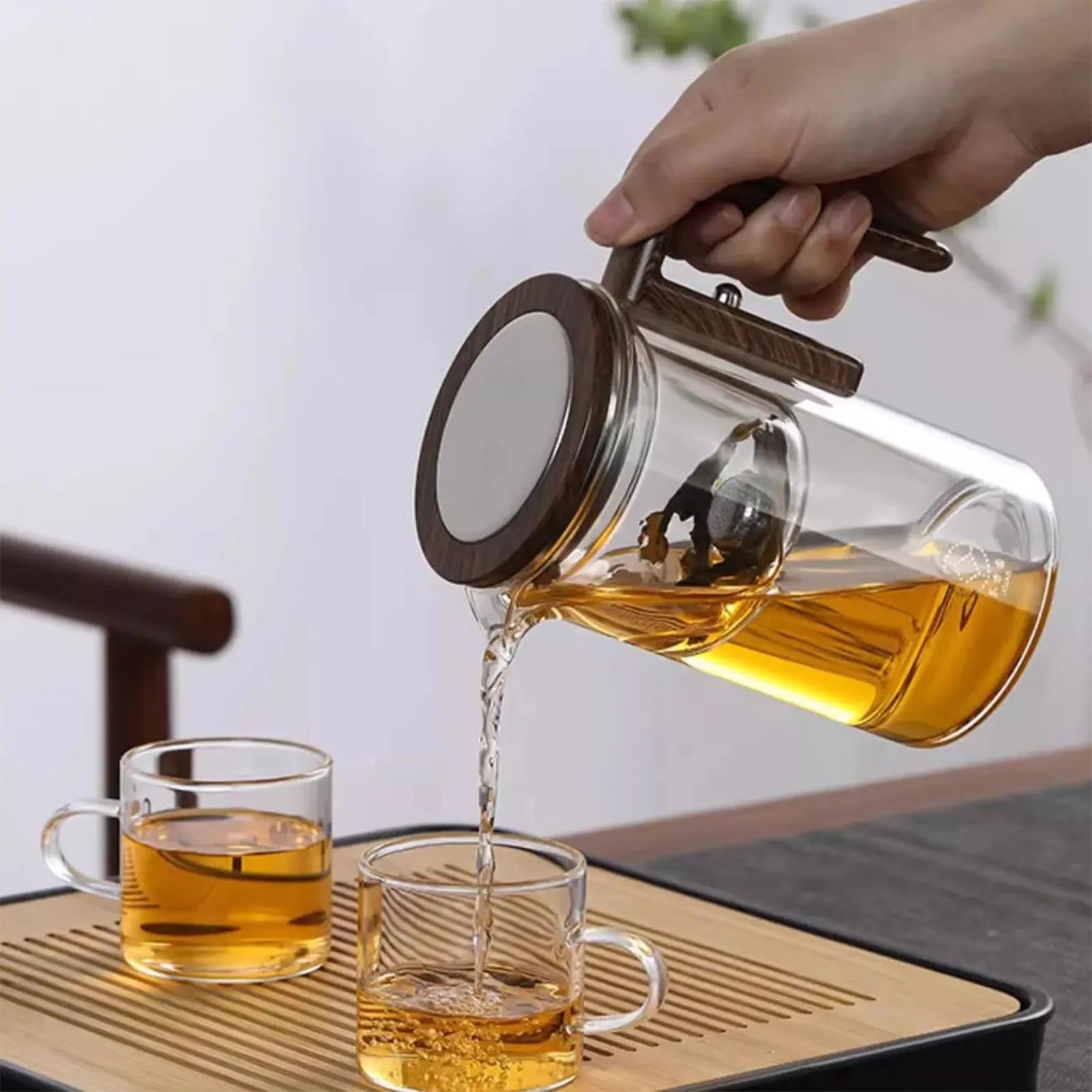Théière magique Enchantipot, théière Enchanti Pot, avec manche en bois, théière magique, théière de sorcellerie, théière en verre à séparation d'eau avec passoire(520-Transparent)