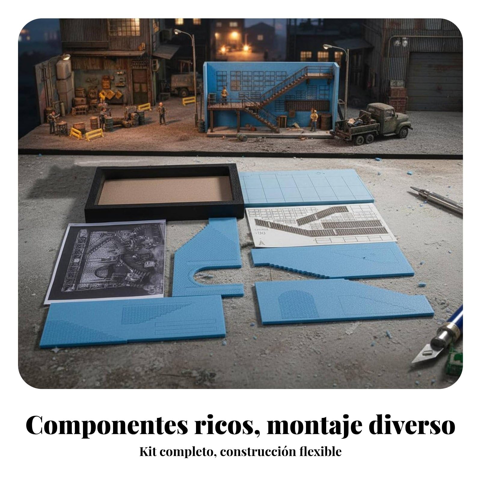 Base Espositiva Edificio 1 35 con Kit Diorama Fabbrica da Colorare con Materiali in Legno E Schiuma per Personalizzazione Totale atto per Ambientazione Militare E Scenario Fantastico